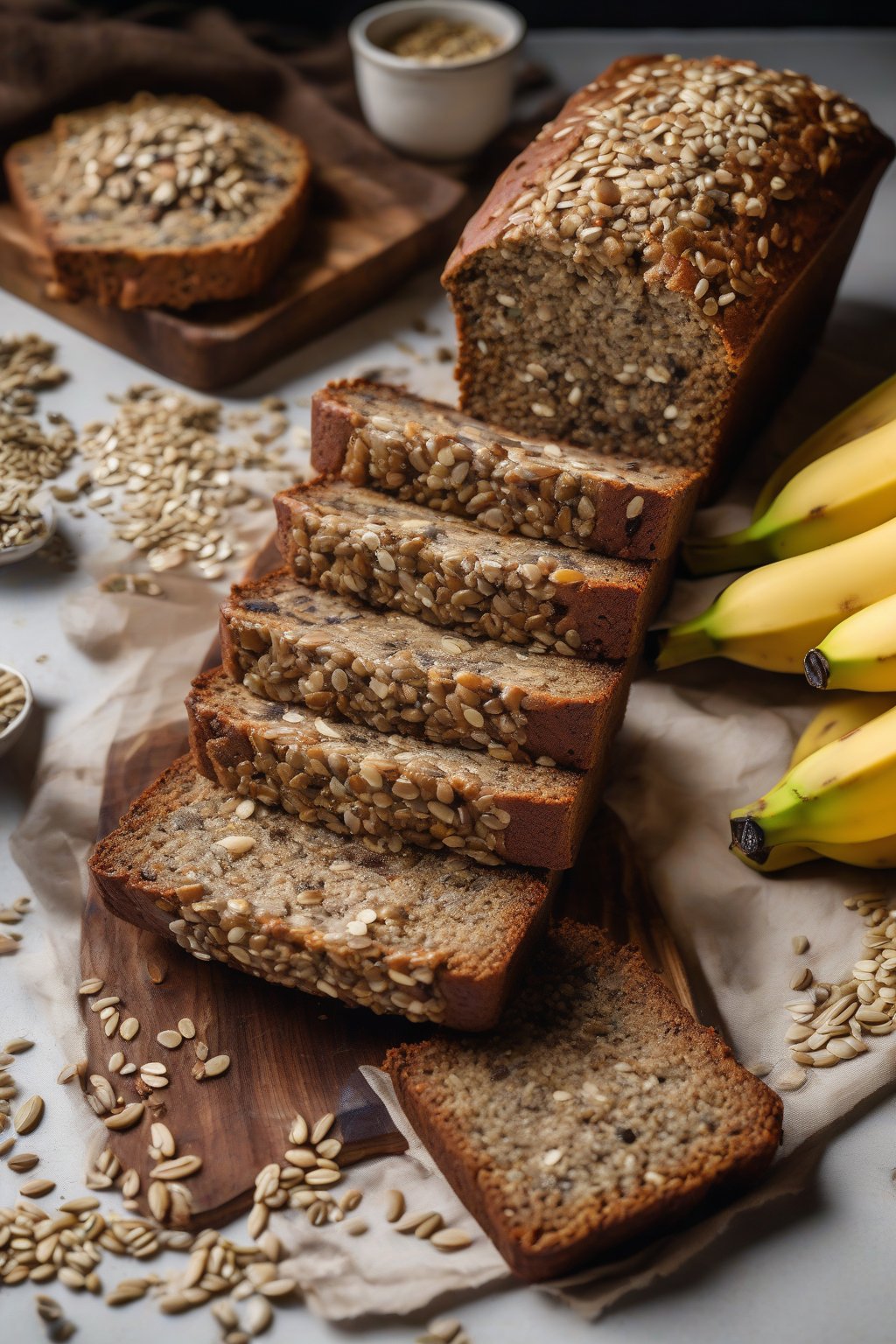 A high-resolution photo of hemp seed banana bread topped with seeds, nutty texture in slices, under soft lighting.