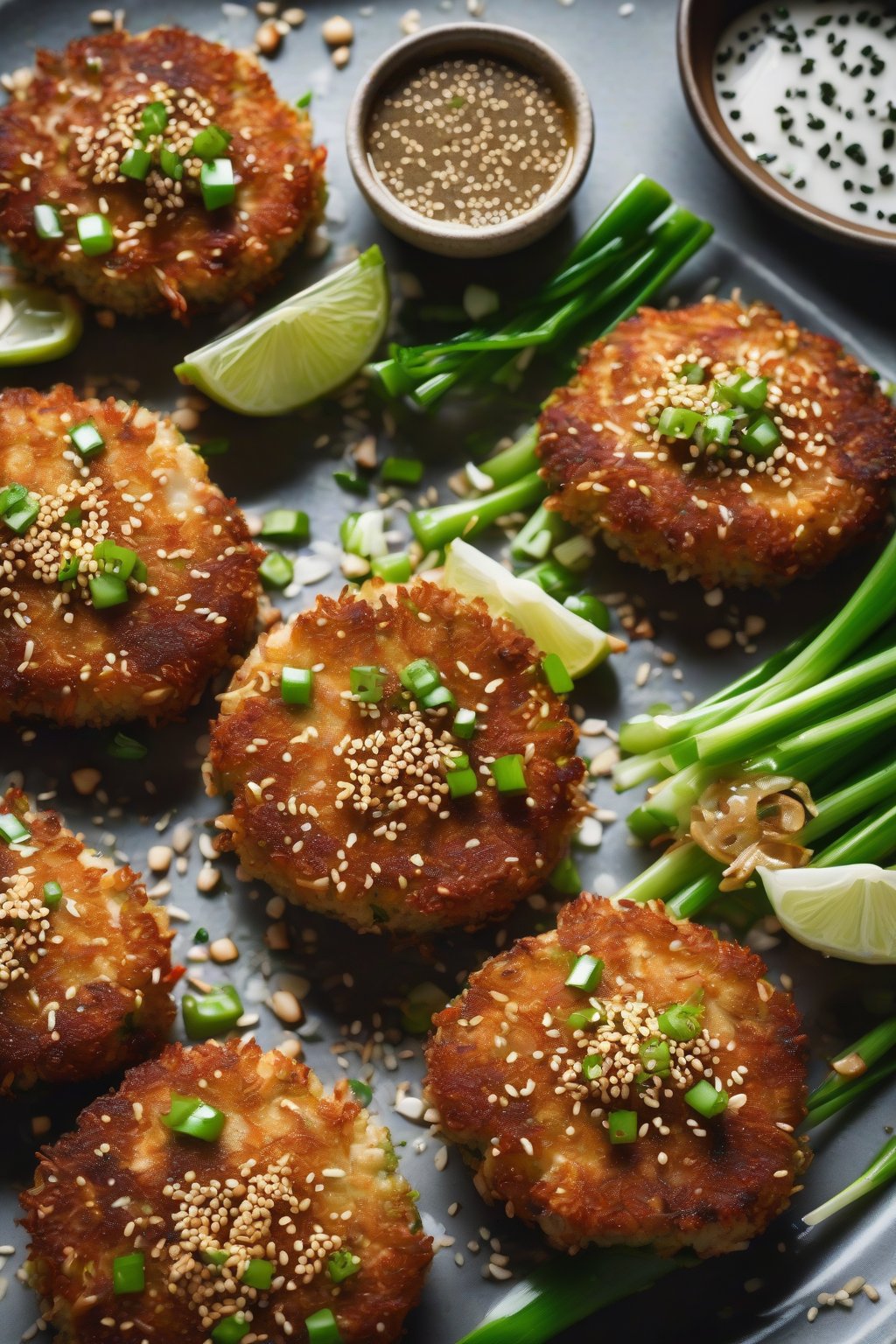 A high-resolution photo of Asian golden crab cakes garnished with scallions and sesame seeds, alongside soy dipping sauce under soft lighting.