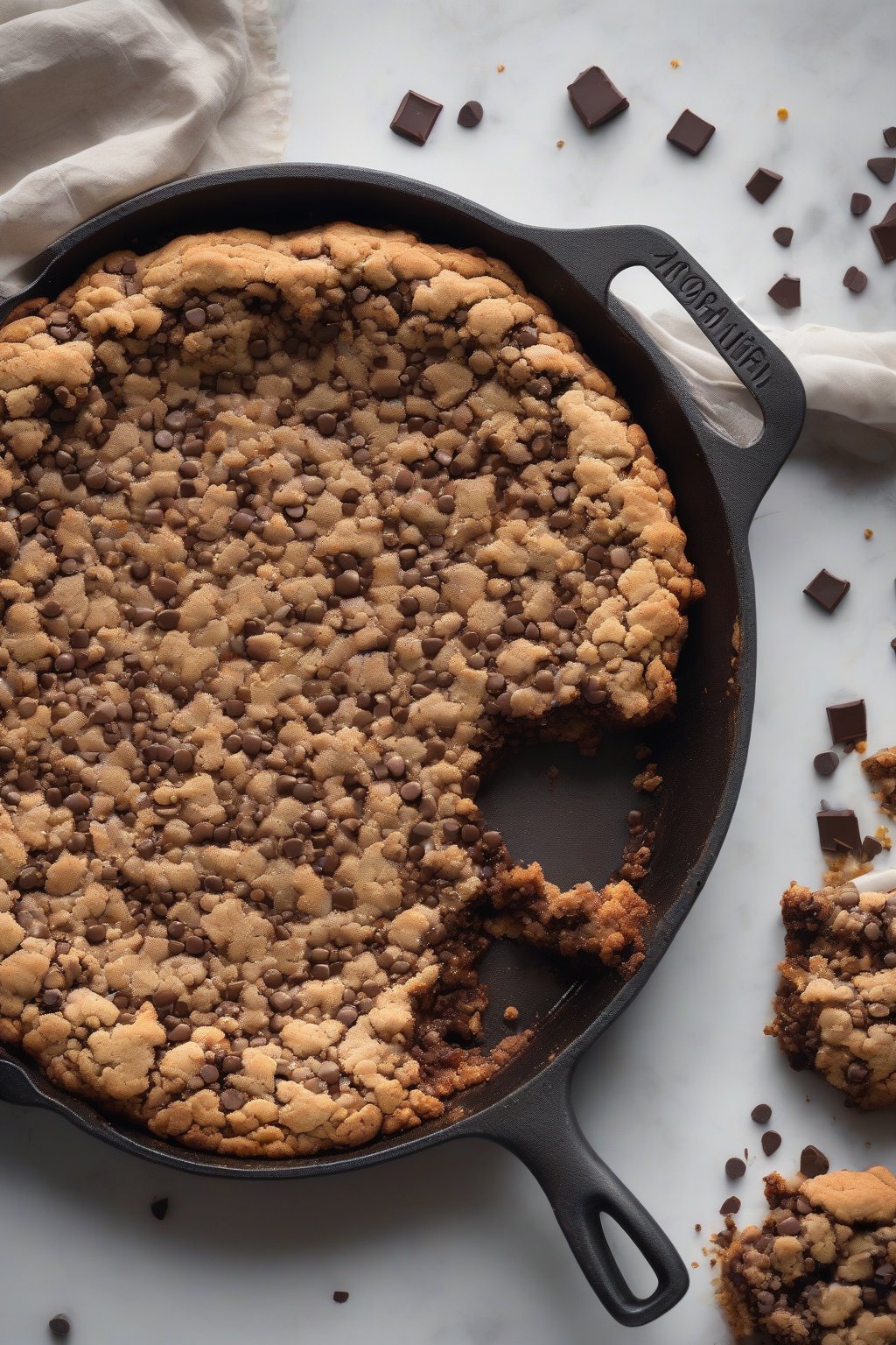 A high-resolution photo of a freshly baked giant chocolate chip crumble cookie in a skillet, gooey center oozing chocolate chips, golden crumble topping under soft lighting.