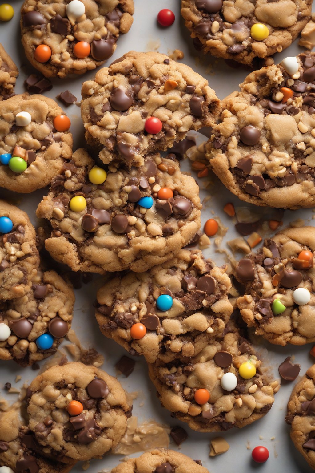 A high-resolution photo of a peanut butter cup giant crumble cookie, studded with melty candy pieces and crumbly peanut topping, warm and inviting under soft lighting.