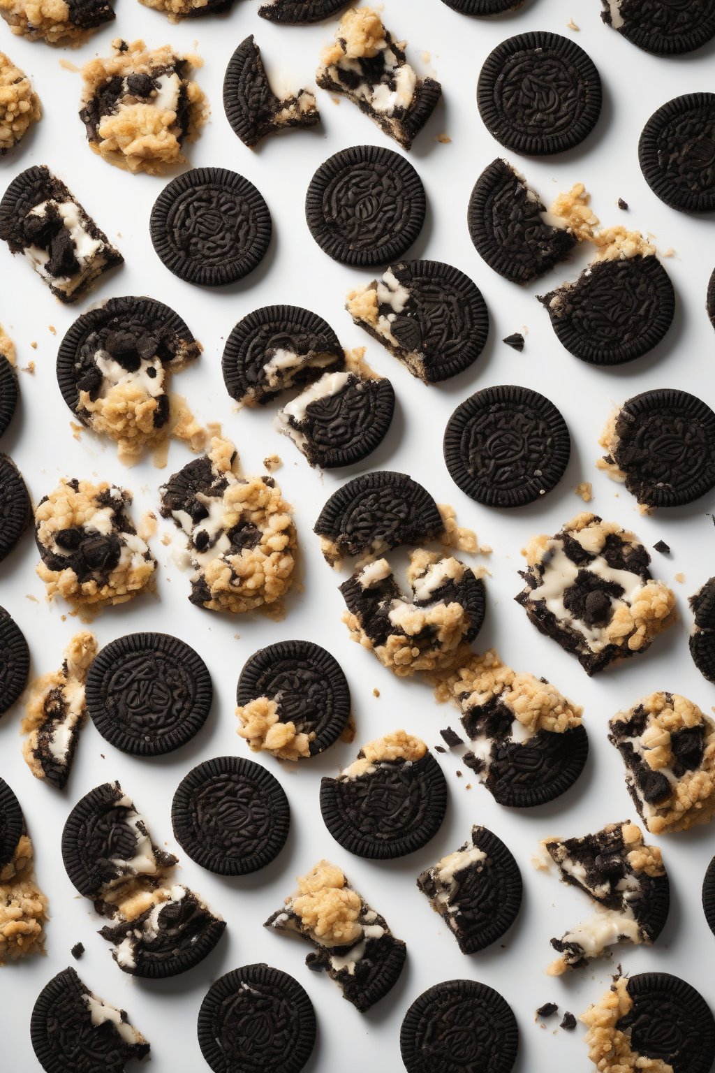 A high-resolution photo of an Oreo-loaded giant crumble cookie, black-and-white cookie pieces peeking through golden crumble, steam rising under soft lighting.