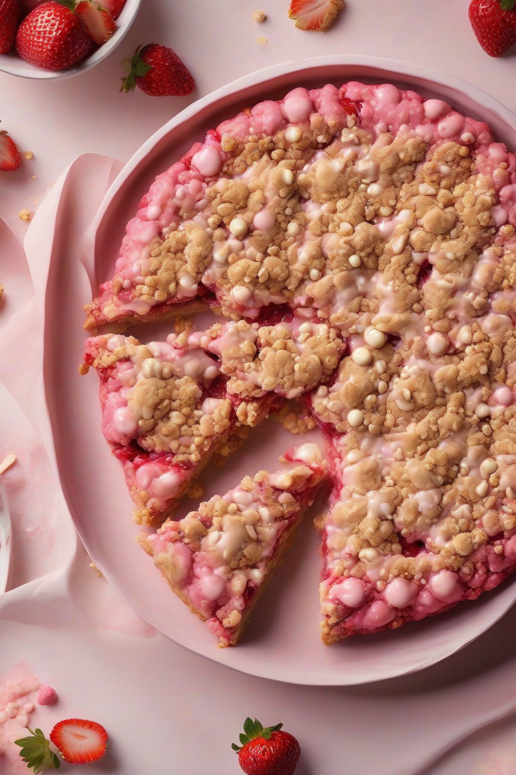 A high-resolution photo of a pink-hued strawberry giant crumble cookie, white chocolate melts and sugary crumble glistening under soft lighting.