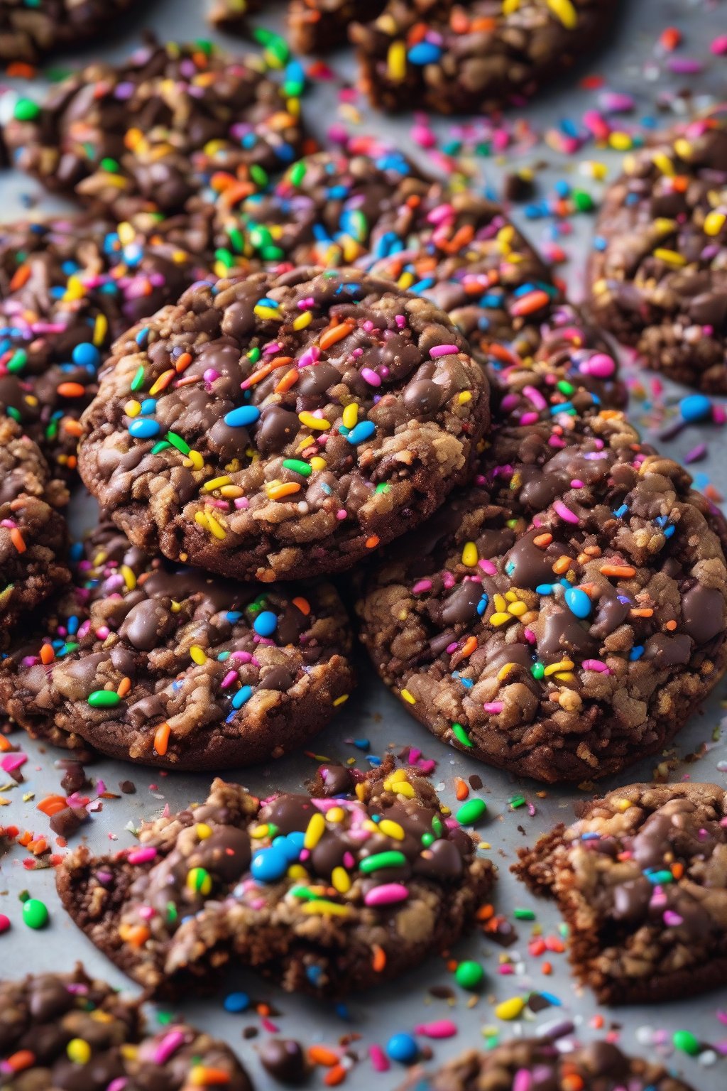 A high-resolution photo of a chocolate cake batter giant crumble cookie, colorful sprinkles bursting from fudgy center under soft lighting.