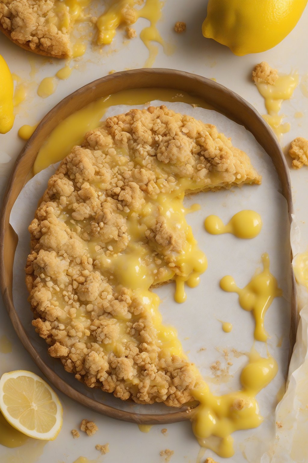A high-resolution photo of a lemon giant crumble cookie, bright yellow curd bubbling through golden crumble under soft lighting.