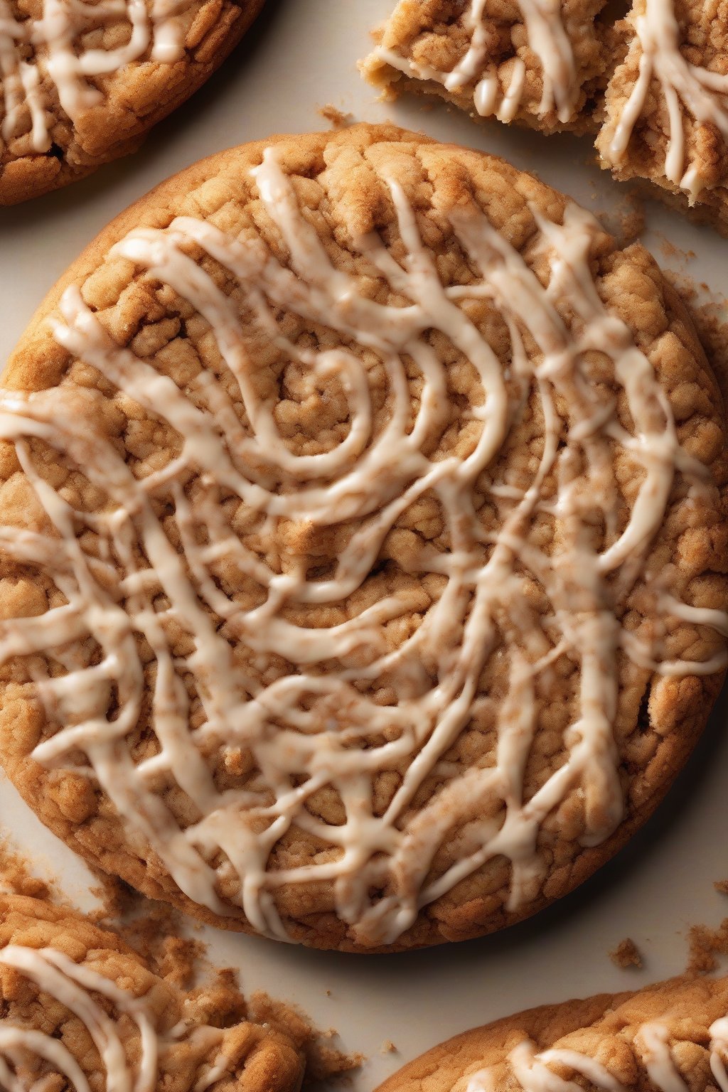 A high-resolution photo of a snickerdoodle giant crumble cookie, cinnamon swirl patterns on sugary crumble under soft lighting.