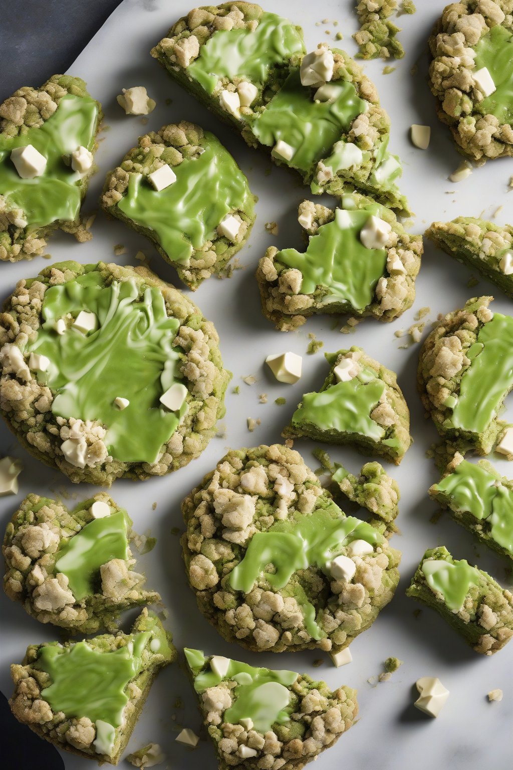 A high-resolution photo of a vibrant green matcha giant crumble cookie, white chocolate chunks melting atop under soft lighting.