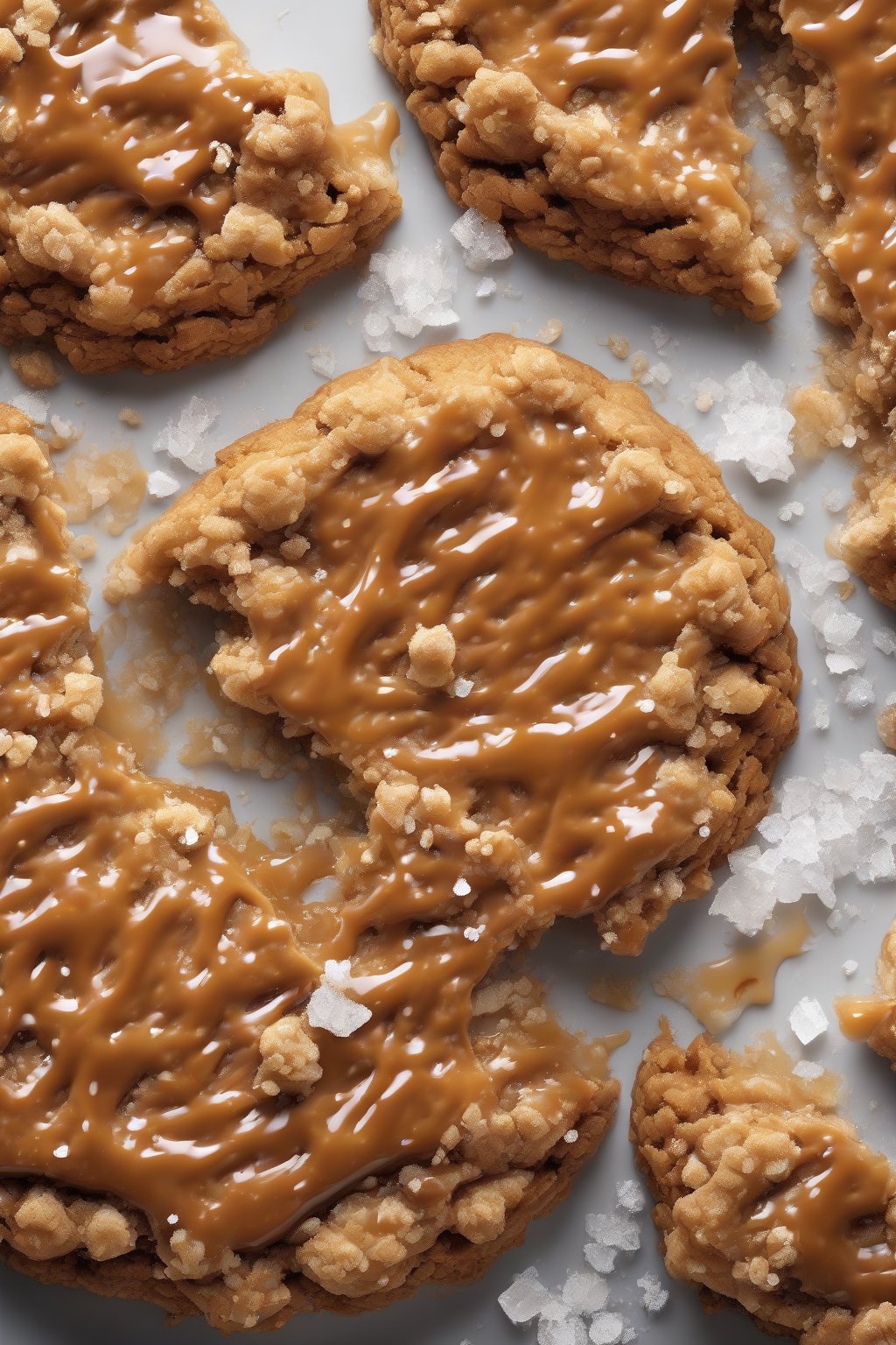 A high-resolution photo of a salted caramel giant crumble cookie, gooey caramel oozing with flaky salt crystals under soft lighting.
