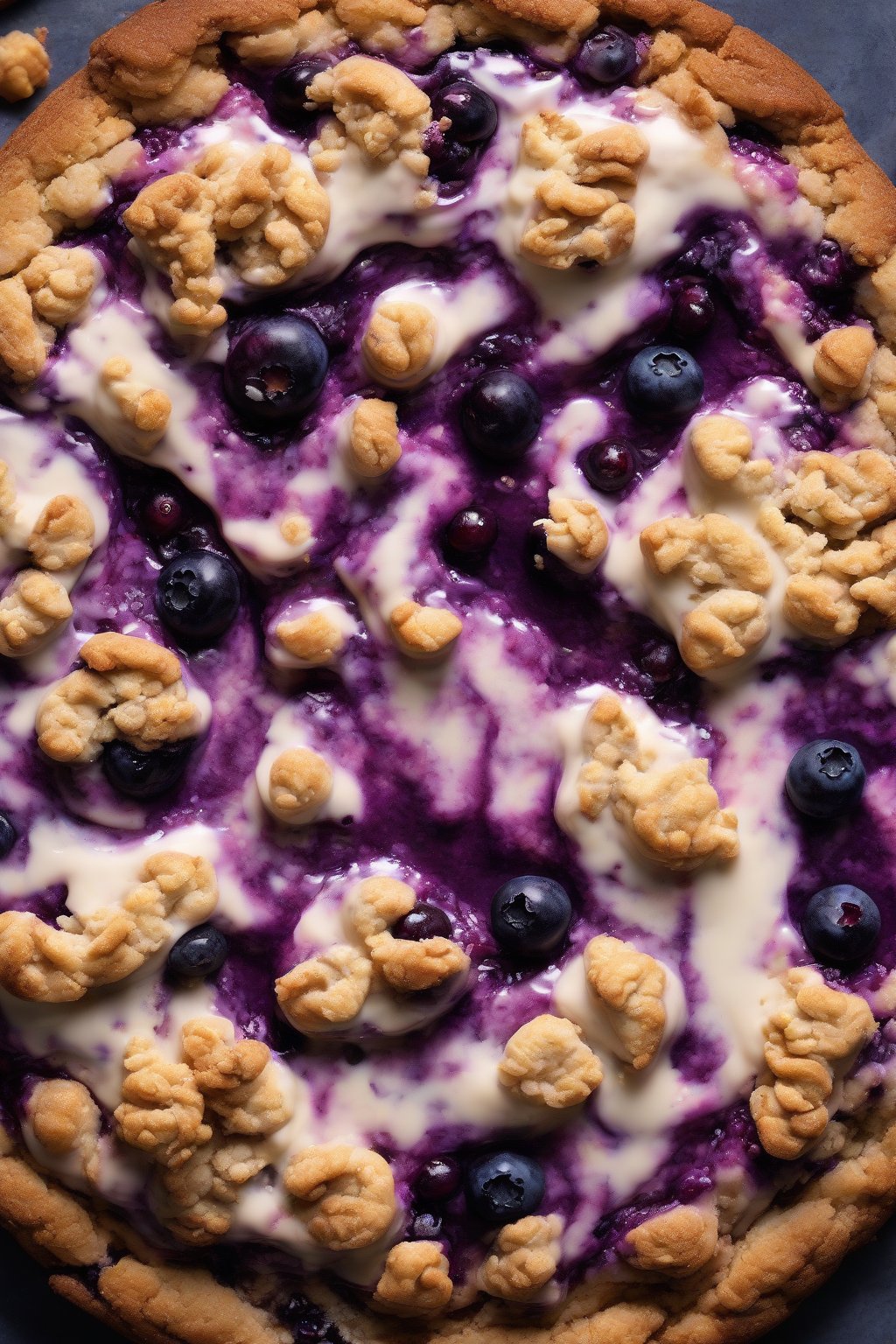 A high-resolution photo of a blueberry cheesecake giant crumble cookie, purple berries staining creamy swirls under soft lighting.