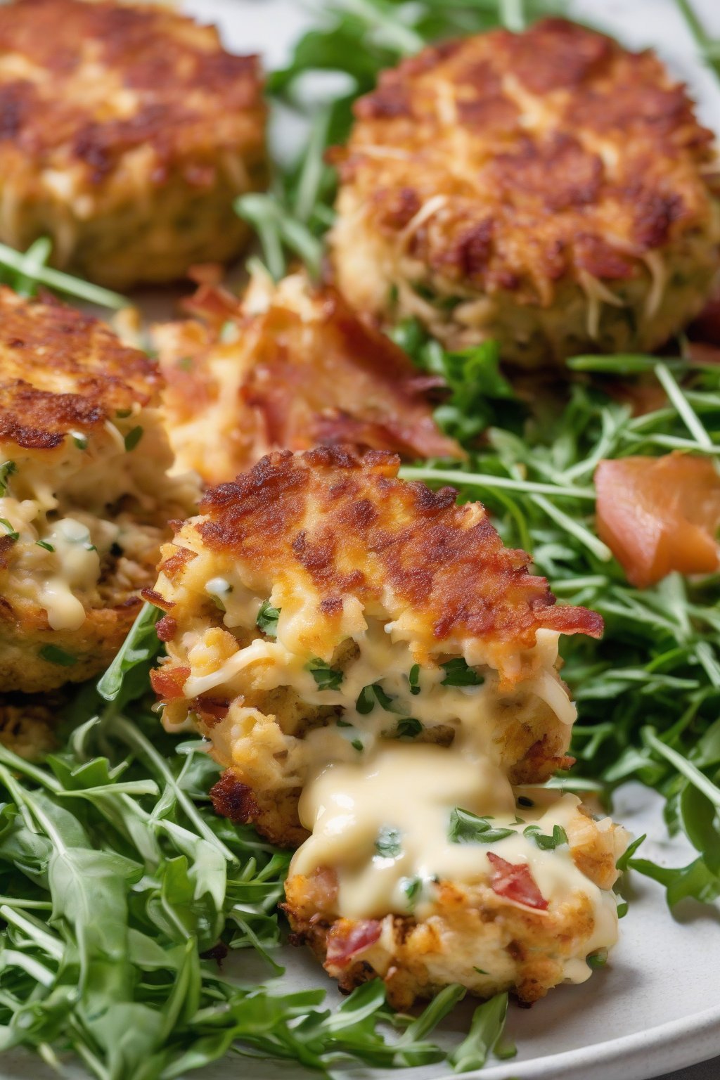 A close-up photo of cheesy bacon golden crab cakes oozing cheese slightly, plated with arugula under soft lighting.