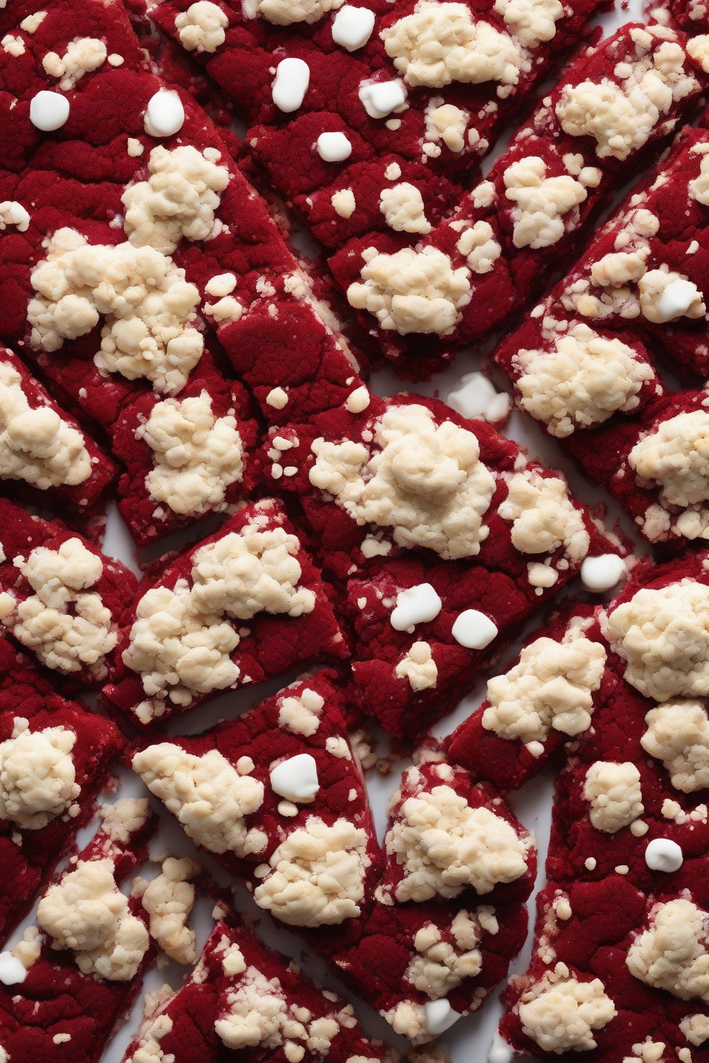 A high-resolution photo of a red velvet giant crumble cookie, vibrant red hue with white crumble flecks under soft lighting.
