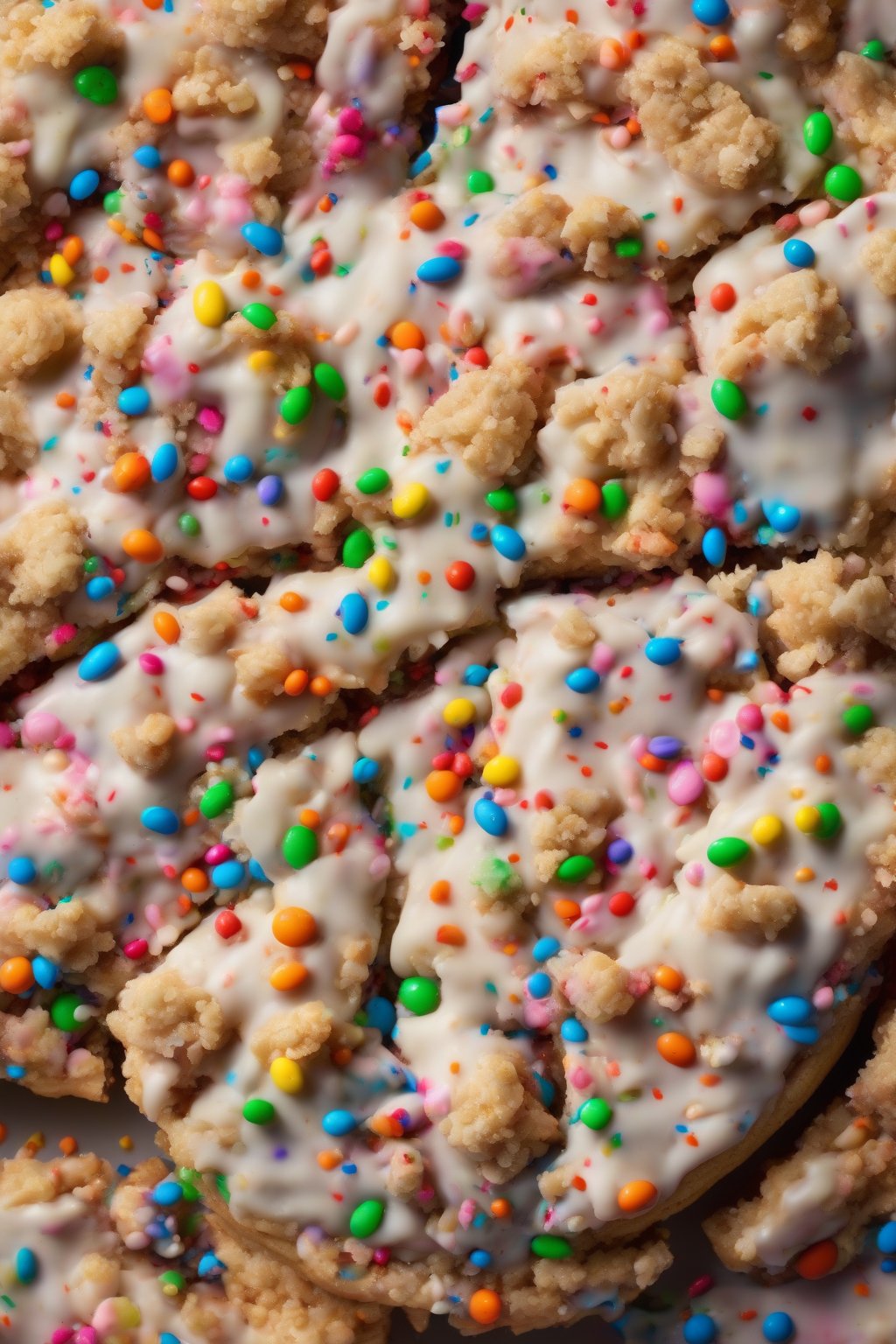 A high-resolution photo of a funfetti giant crumble cookie, rainbow sprinkles exploding from the chewy center under soft lighting.
