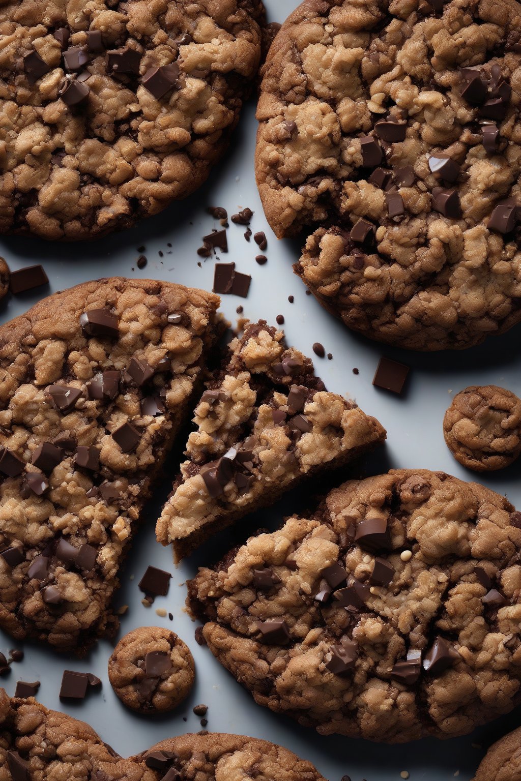 A high-resolution photo of a mocha giant crumble cookie, dark chocolate pools and coffee-scented crumble under soft lighting.