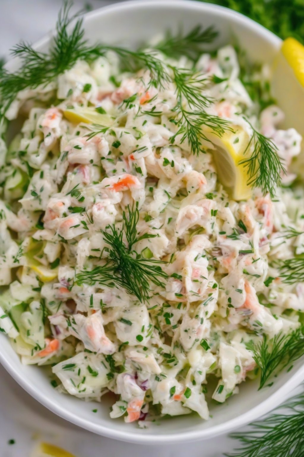 A close-up photo of classic light crab salad with lemon zest in a white bowl, garnished with dill, under soft lighting.