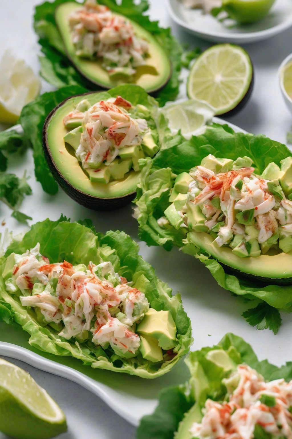A close-up photo of avocado crab salad boats in lettuce leaves, drizzled with lime, under soft lighting.