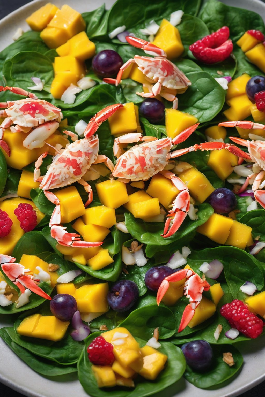 A close-up photo of tropical mango crab salad over spinach, with vibrant fruit pieces, under soft lighting.