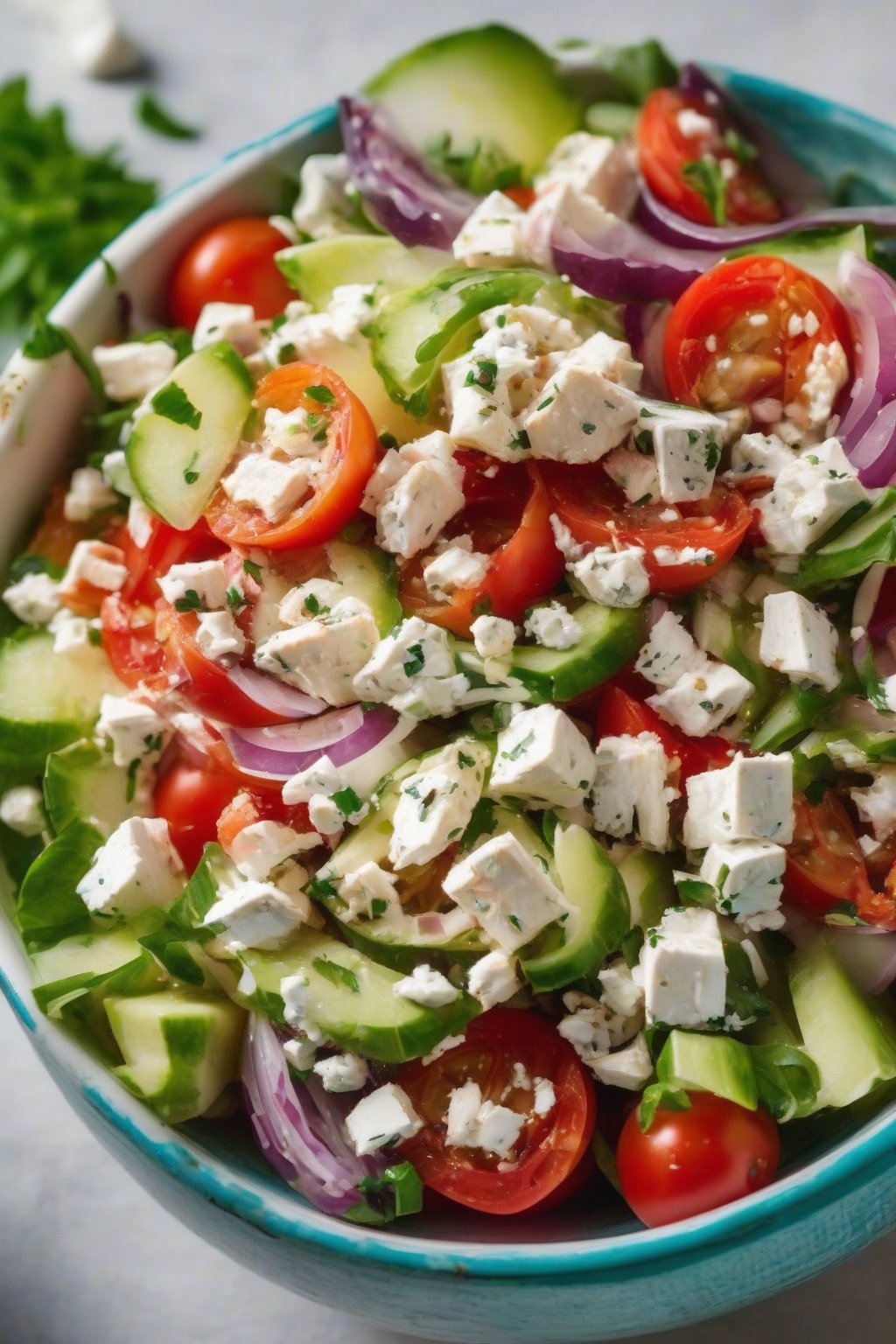 A close-up photo of Greek-style crab salad with feta and tomatoes, in a colorful bowl, under soft lighting.