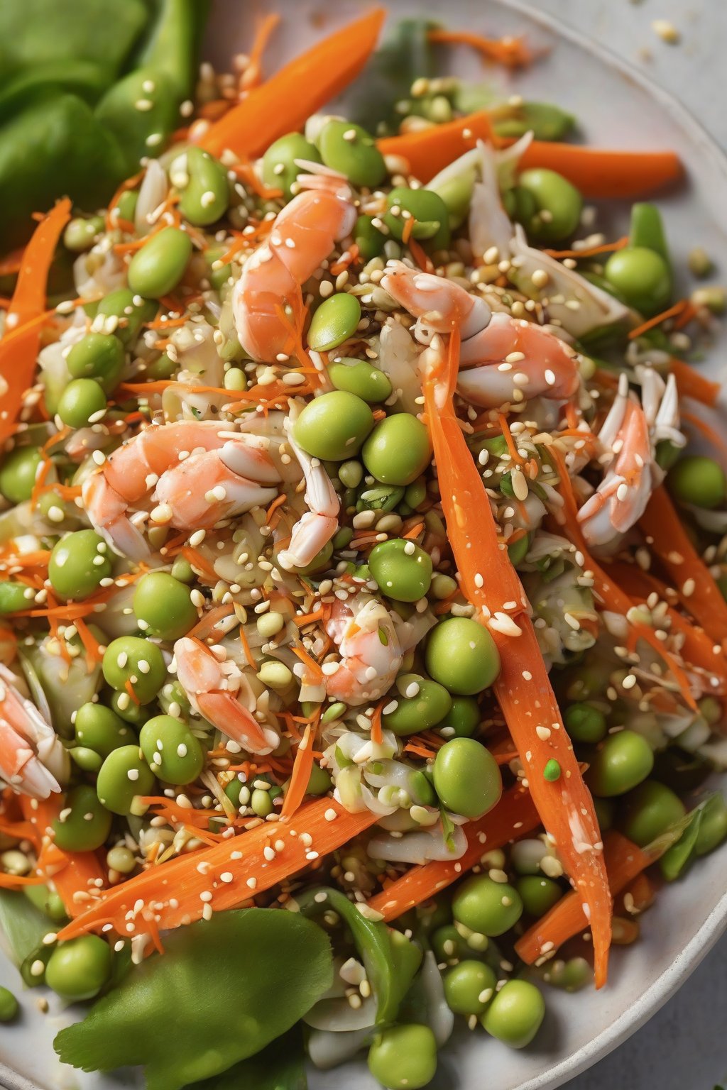 A close-up photo of Asian sesame crab salad with carrots and edamame, sprinkled with seeds, under soft lighting.