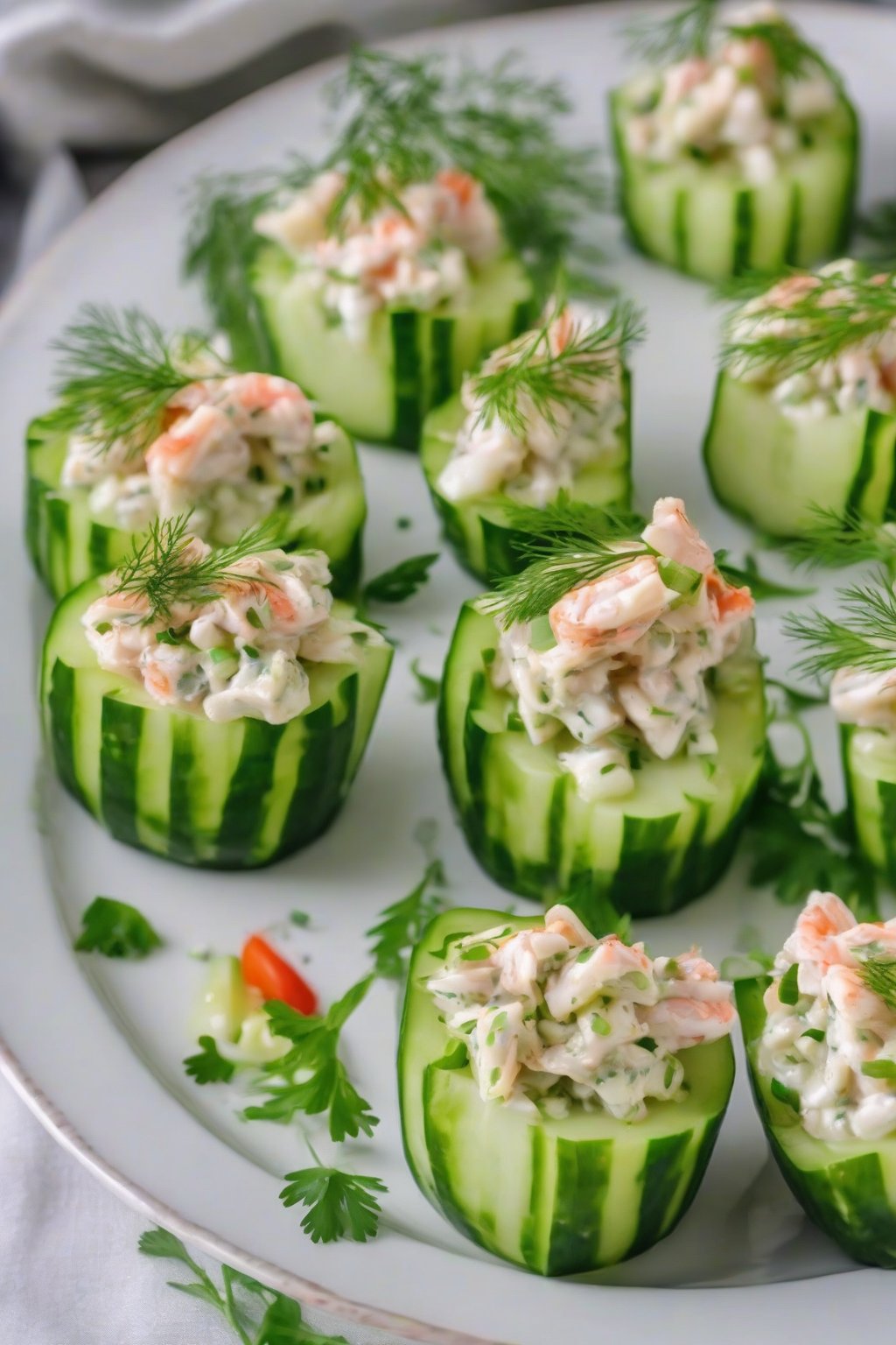 A close-up photo of cucumber dill crab salad in cucumber cups, fresh and green, under soft lighting.
