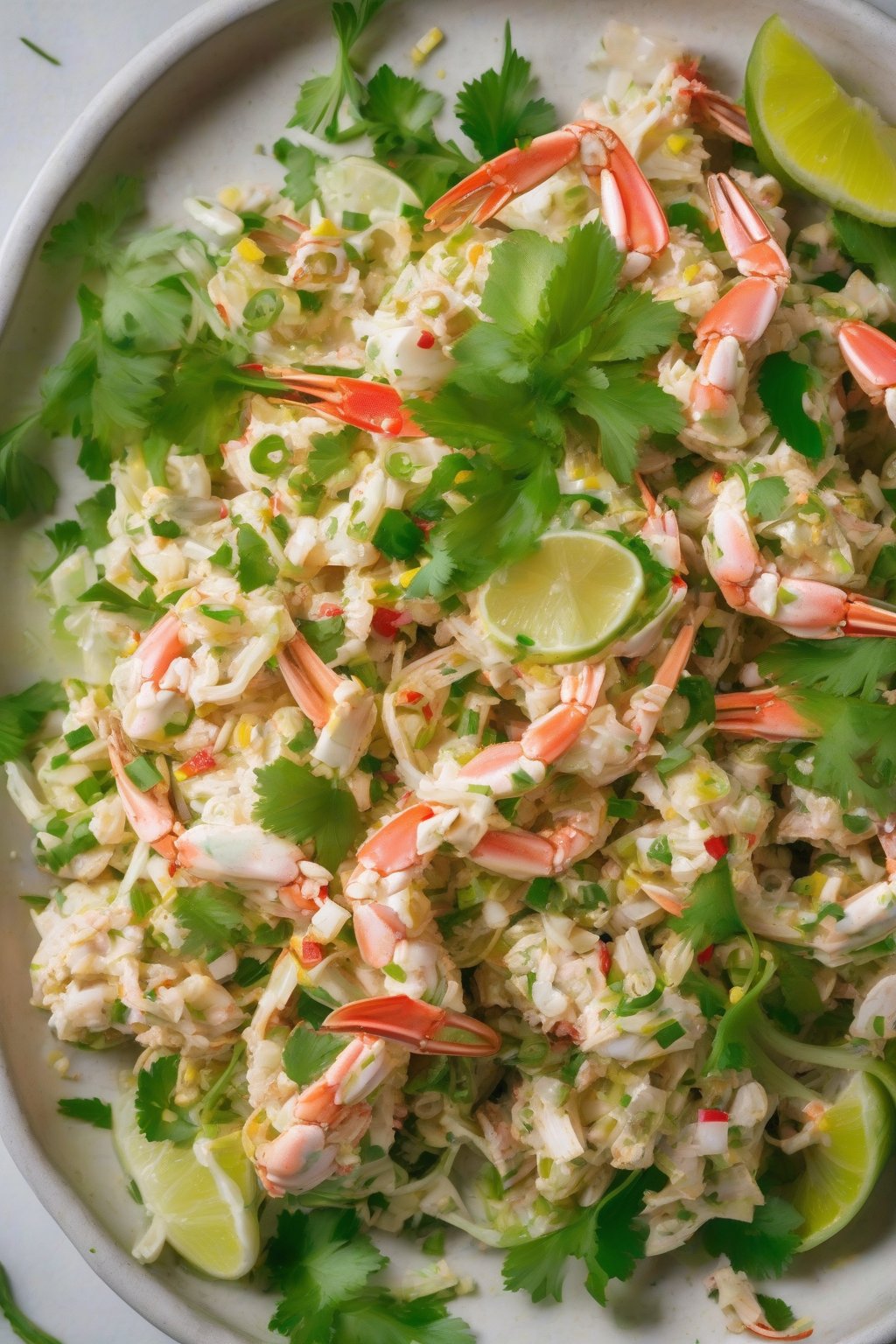 A close-up photo of spicy jalapeño crab salad with lime wedges, vibrant green flecks, under soft lighting.