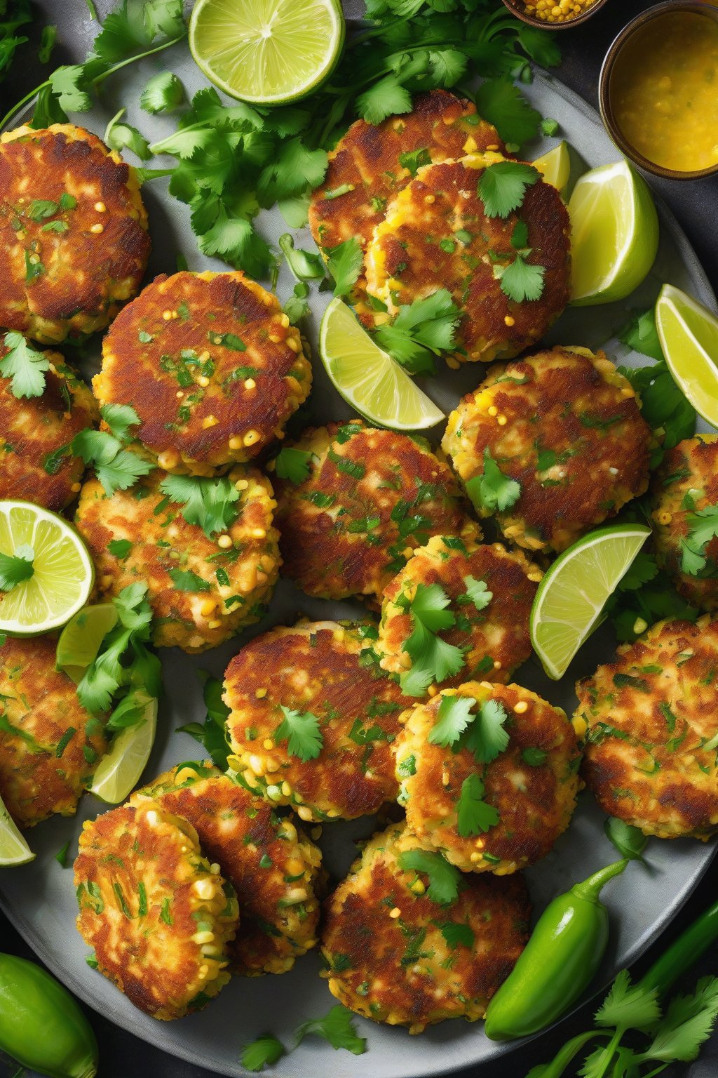 A high-resolution photo of corn-jalapeño golden crab cakes with fresh cilantro and lime wedges, vibrant colors under soft lighting.