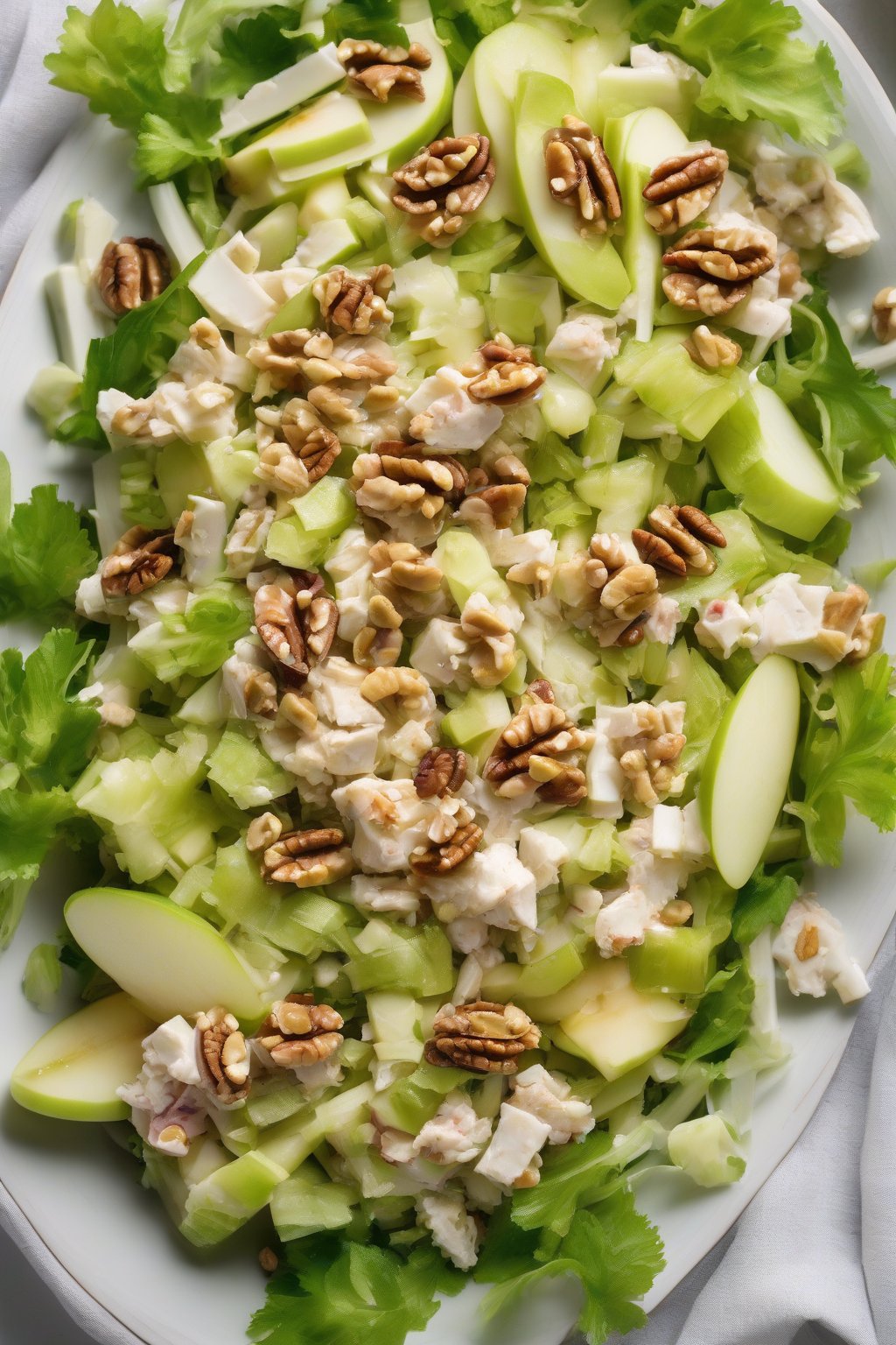 A close-up photo of apple celery crab salad with walnut pieces, crisp and colorful, under soft lighting.