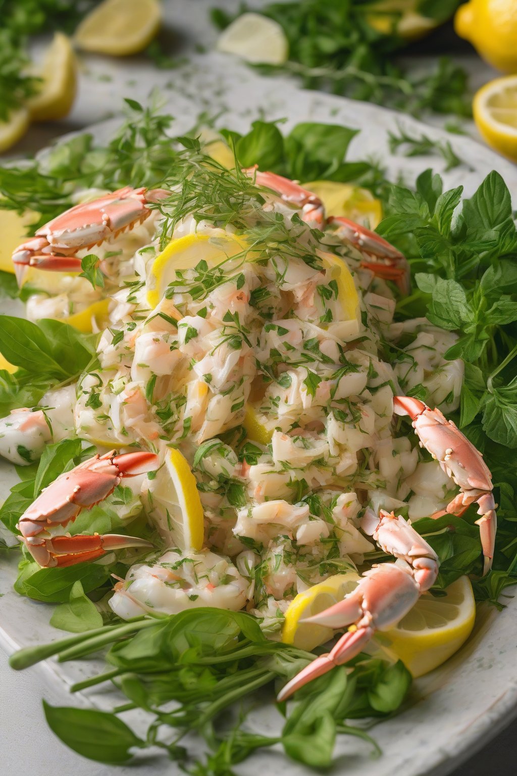 A close-up photo of lemon herb crab salad garnished with fresh herbs, zesty yellow tones, under soft lighting.