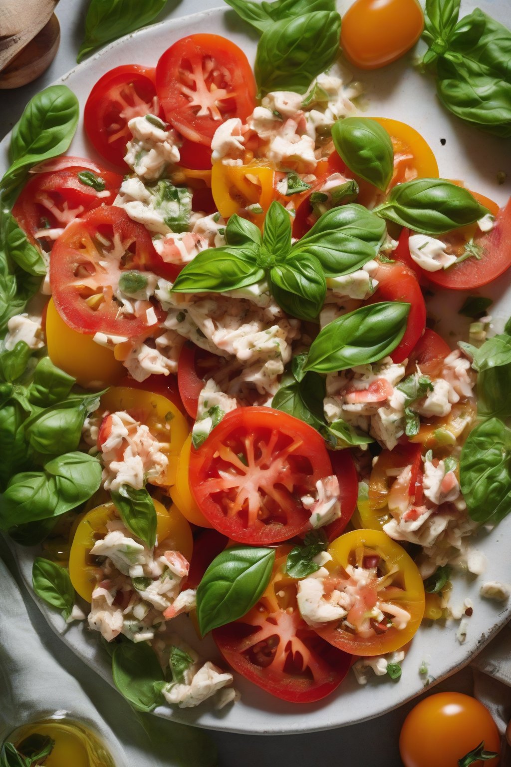 A close-up photo of heirloom tomato basil crab salad, juicy red slices with green basil, under soft lighting.