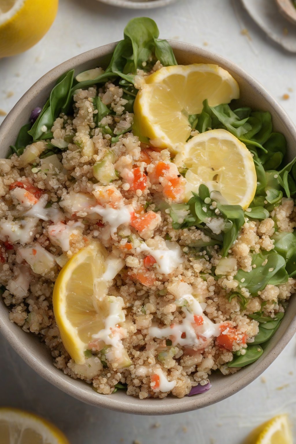 A close-up photo of quinoa crab salad bowl with lemon drizzle, textured grains, under soft lighting.