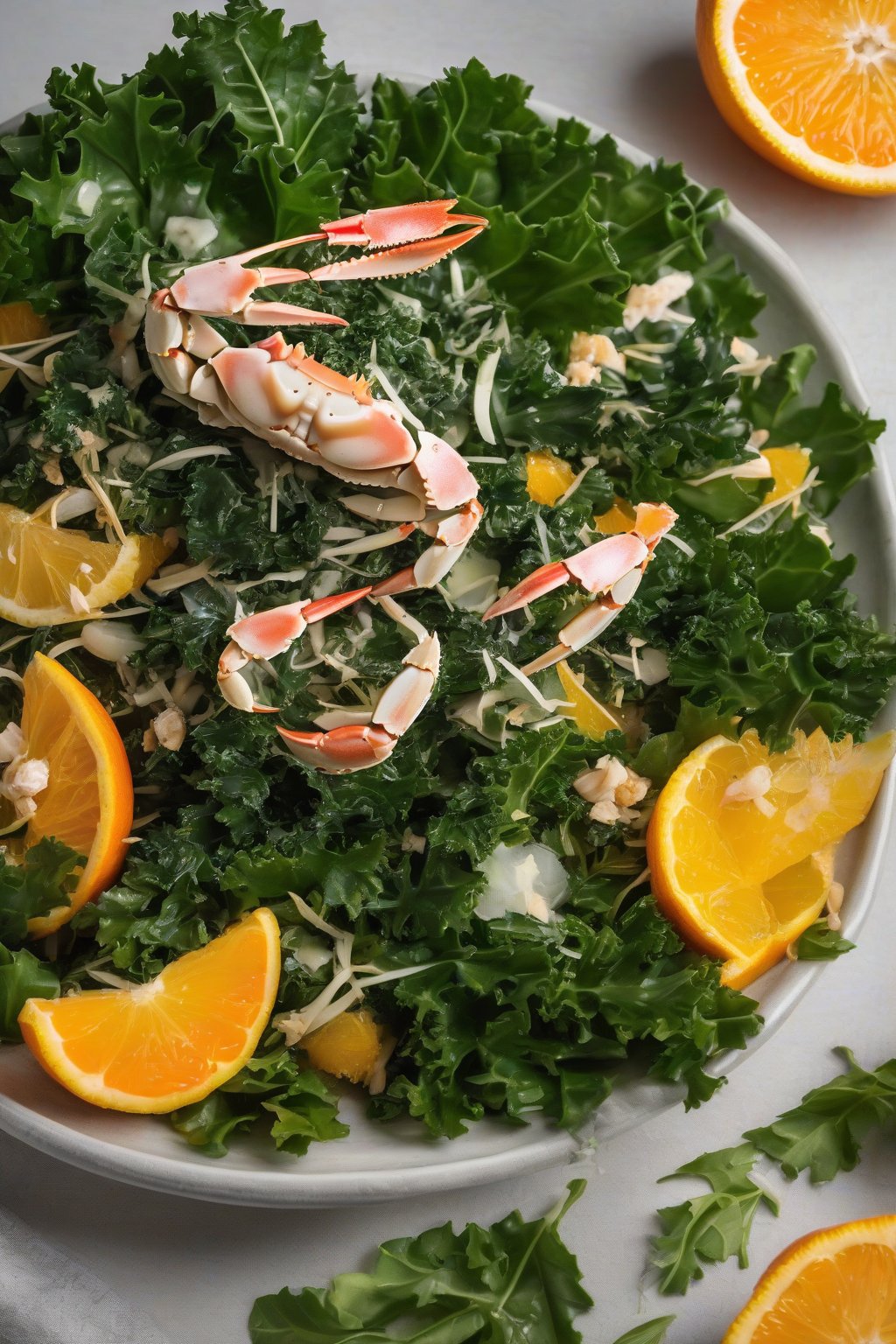 A close-up photo of kale citrus crab salad with orange segments, deep green leaves, under soft lighting.