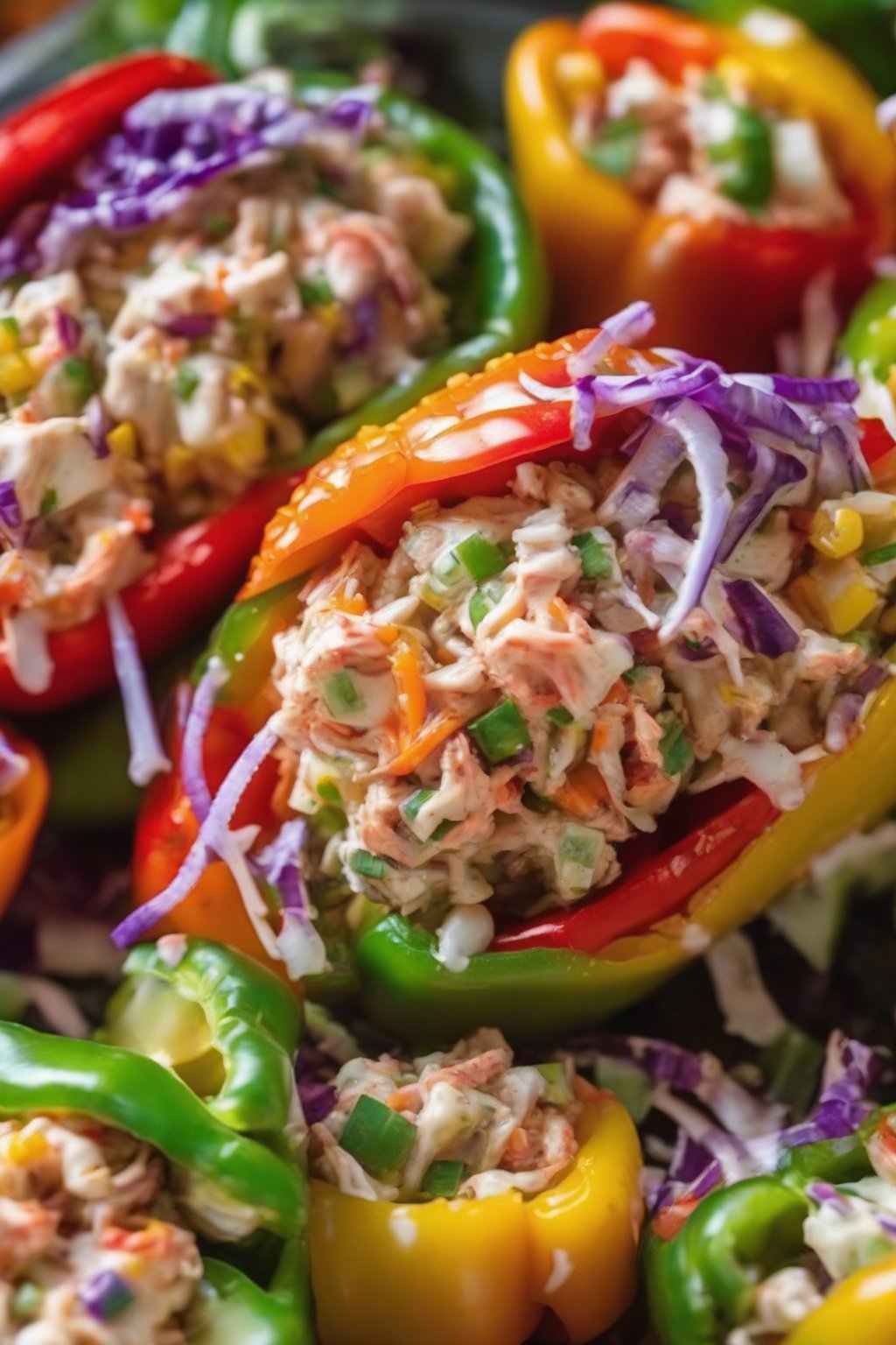 A close-up photo of bell pepper crunch crab salad stuffed in peppers, rainbow colors, under soft lighting.