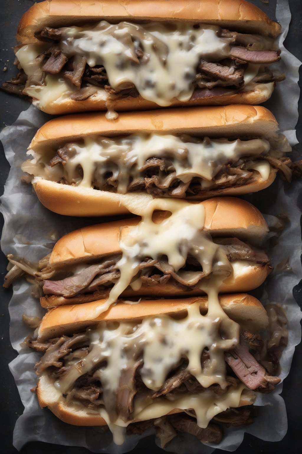 A high-resolution photo of a classic Philly cheesesteak sandwich dripping with melted provolone and caramelized onions under soft lighting.