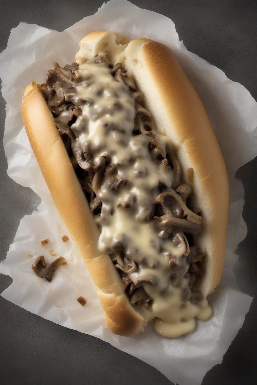 A high-resolution photo of a mushroom Swiss Philly cheesesteak with golden-brown shavings and melted cheese under soft lighting.