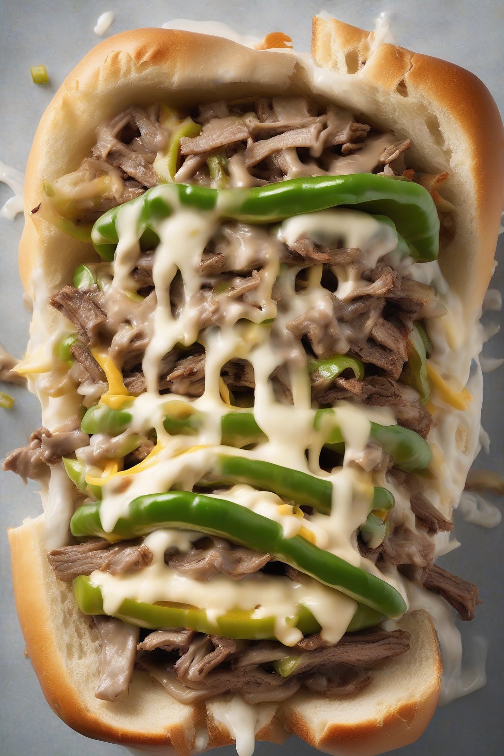 A high-resolution photo of a green pepper Philly cheesesteak overflowing with colorful strips and gooey cheese under soft lighting.