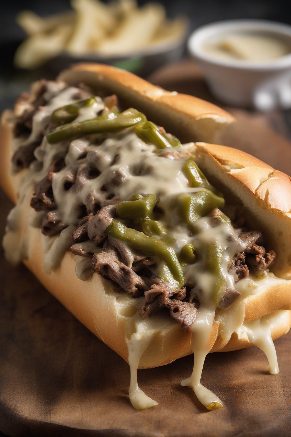 A high-resolution photo of a spicy jalapeño Philly cheesesteak with green flecks and molten pepper jack under soft lighting.