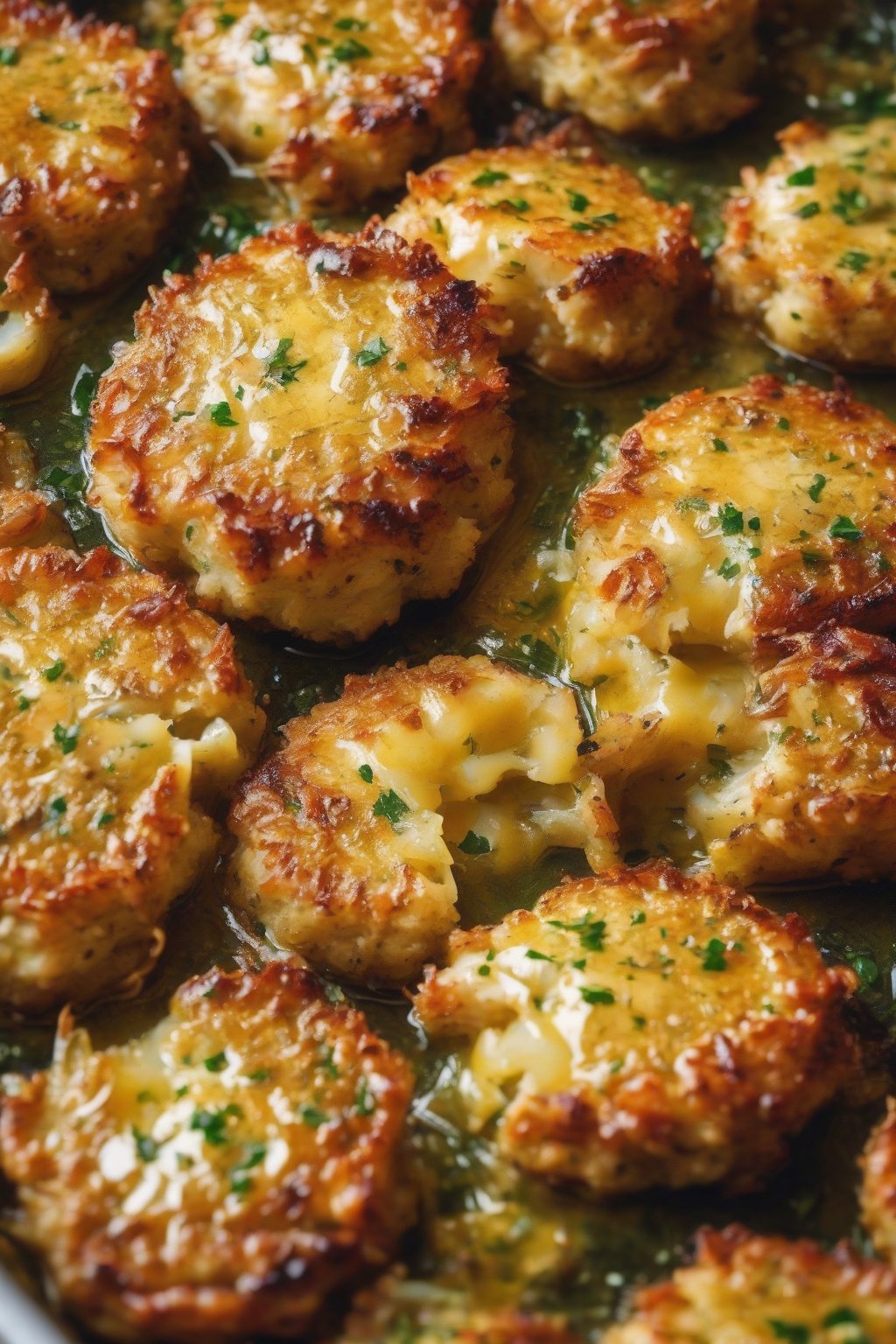 A close-up photo of garlic butter golden crab cakes basted shiny, with melted butter pooling, under soft lighting.