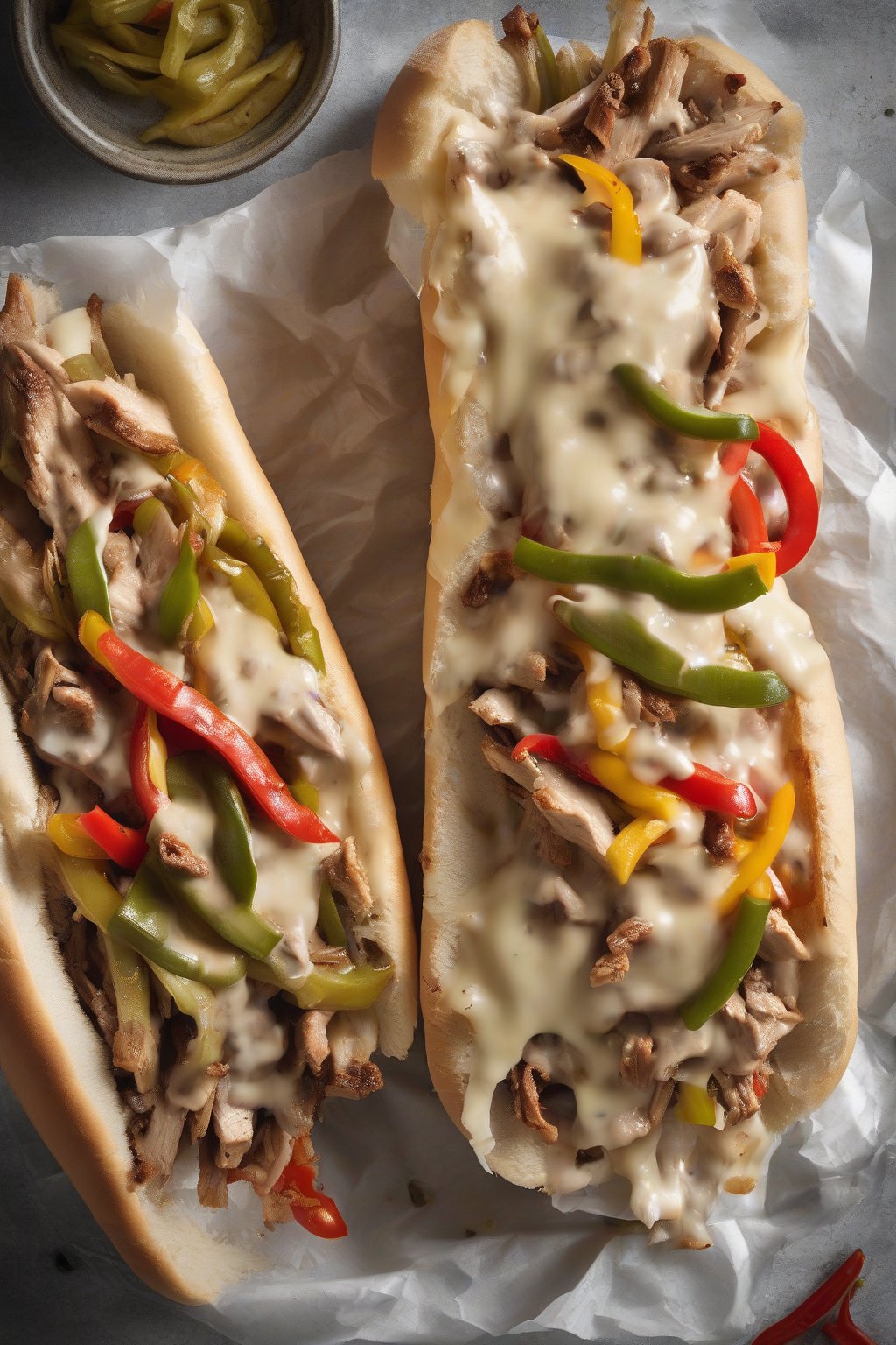 A high-resolution photo of a chicken Philly cheesesteak piled high with peppers and melted provolone under soft lighting.