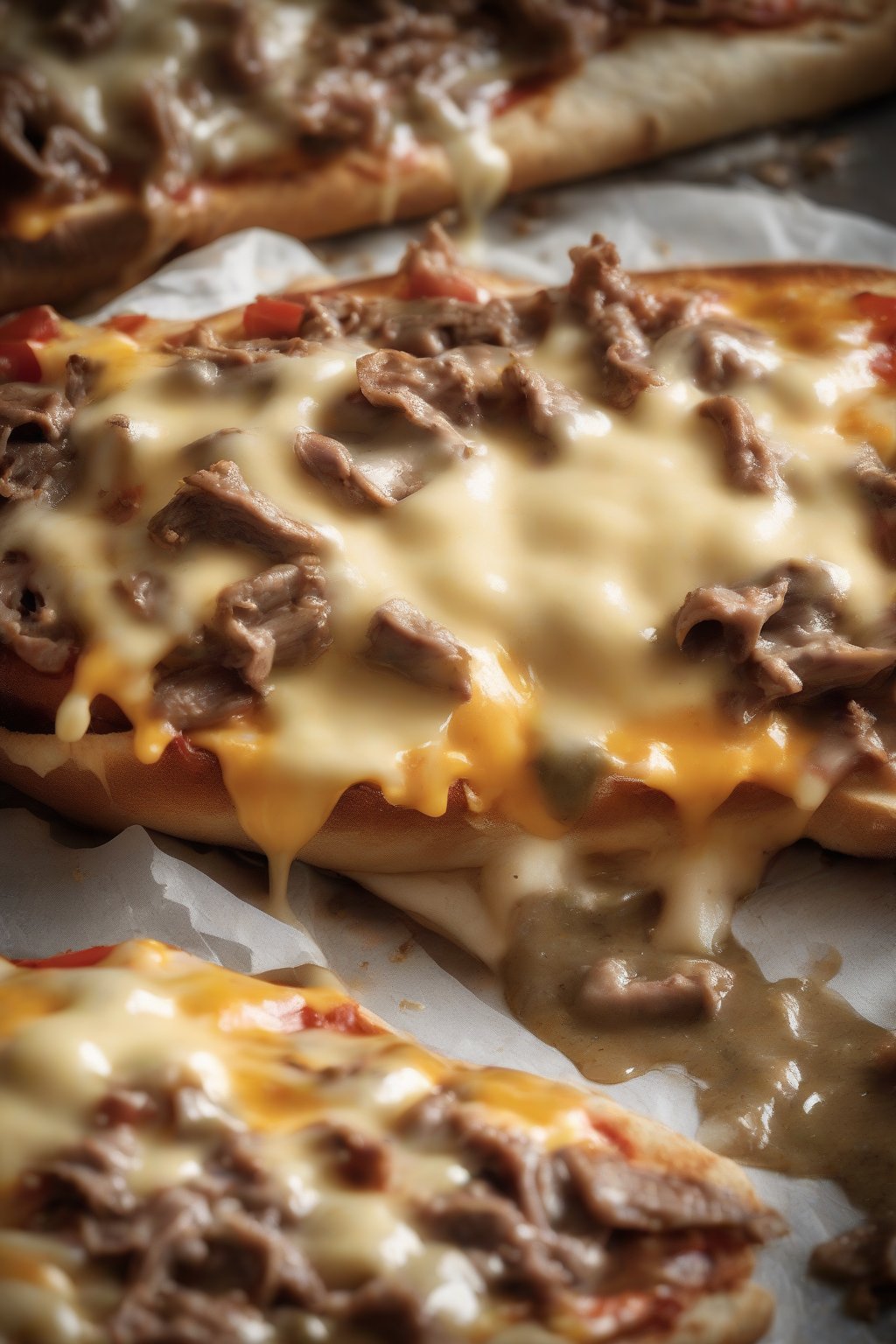 A high-resolution photo of a pizza-style Philly cheesesteak oozing sauce and cheese under soft lighting.