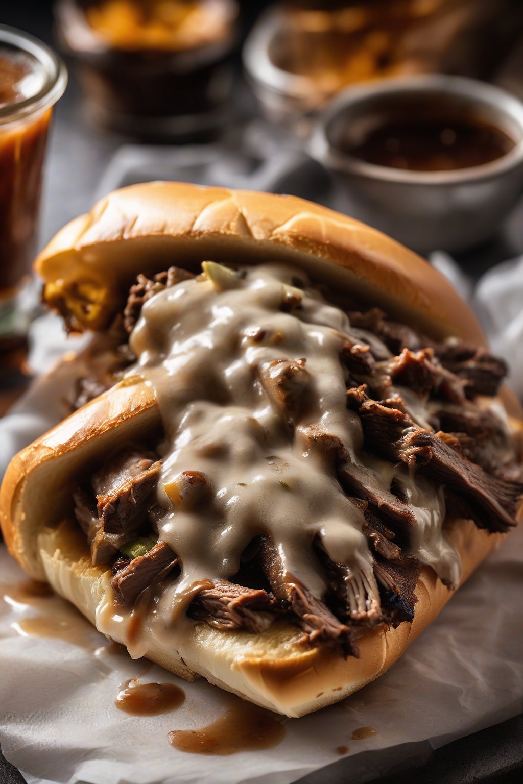 A high-resolution photo of a BBQ brisket Philly cheesesteak glistening with sauce under soft lighting.