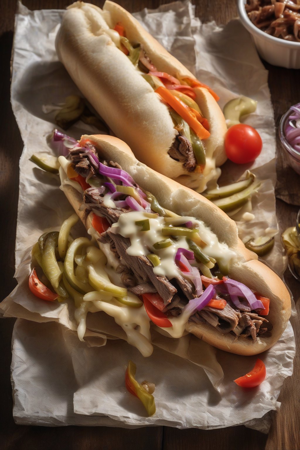 A high-resolution photo of an Italian hoagie Philly cheesesteak with pickled veggies and cheese under soft lighting.
