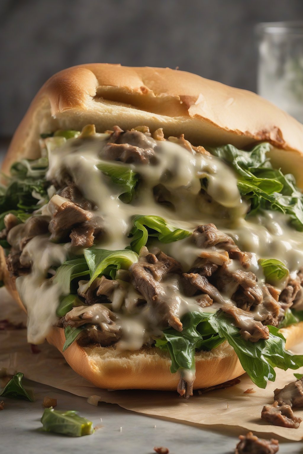 A high-resolution photo of a loaded veggie Philly cheesesteak bursting with greens under soft lighting.
