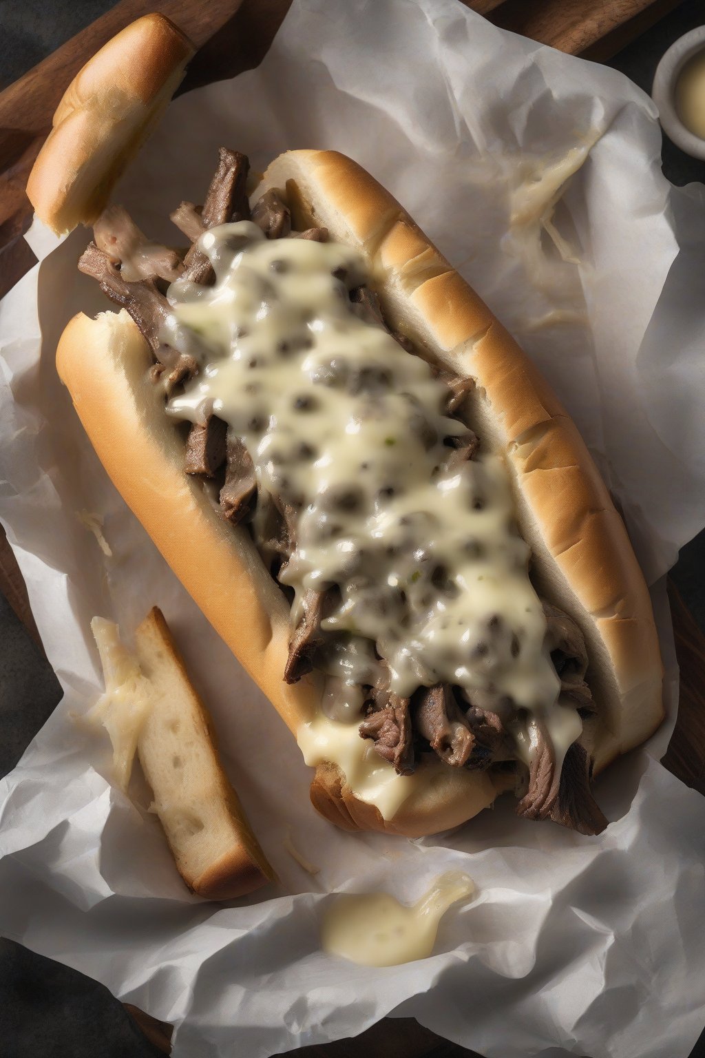 A high-resolution photo of a garlic butter Philly cheesesteak with crispy edges and melted cheese under soft lighting.
