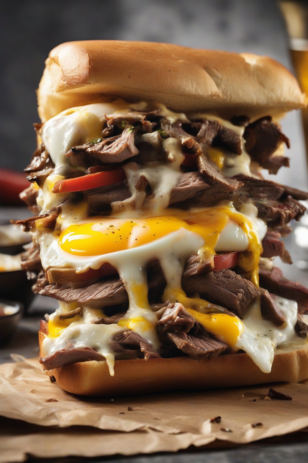 A high-resolution photo of a breakfast steak and egg Philly cheesesteak with runny yolk under soft lighting.