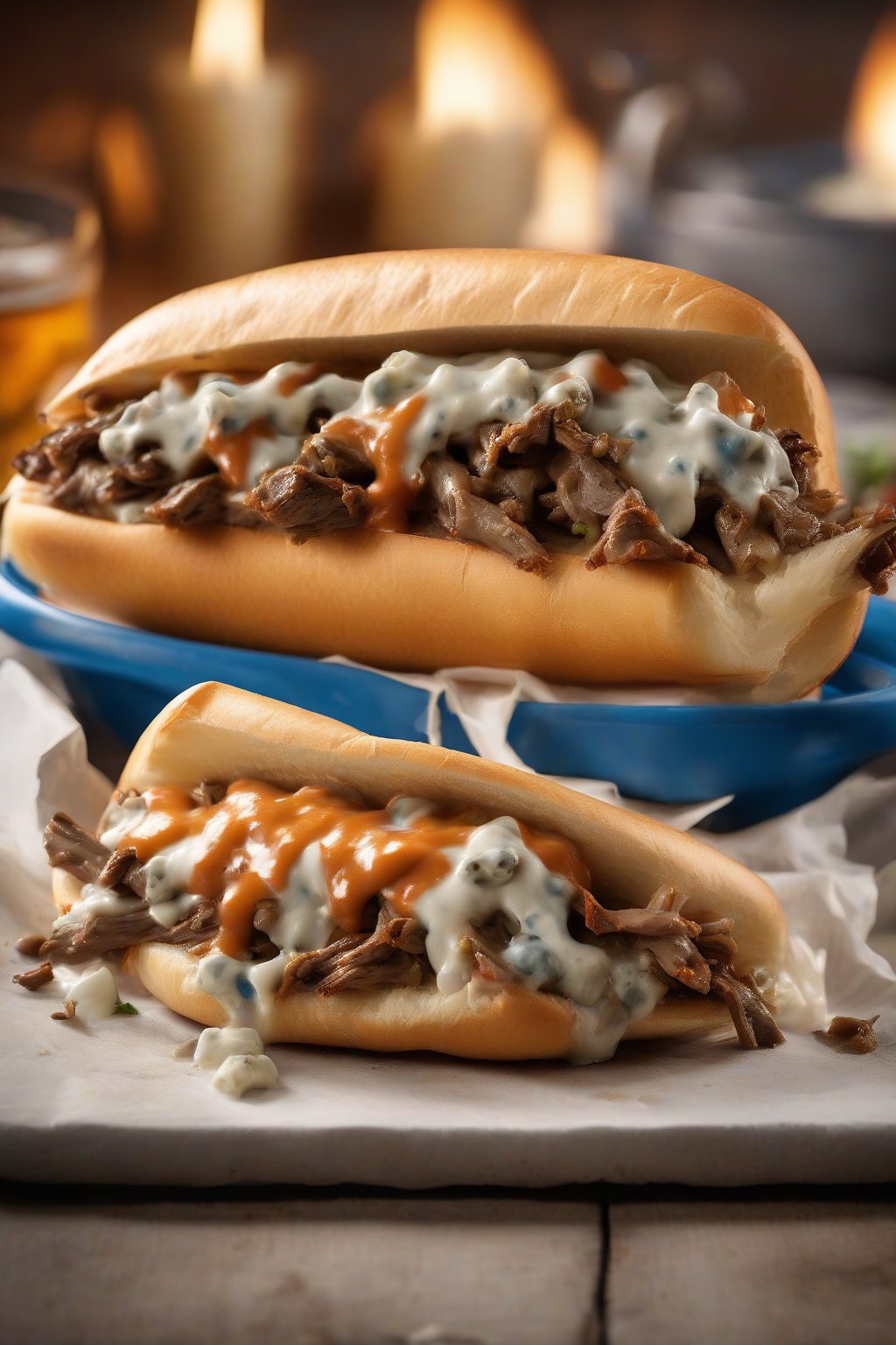 A high-resolution photo of a buffalo blue cheese Philly cheesesteak with fiery sauce under soft lighting.
