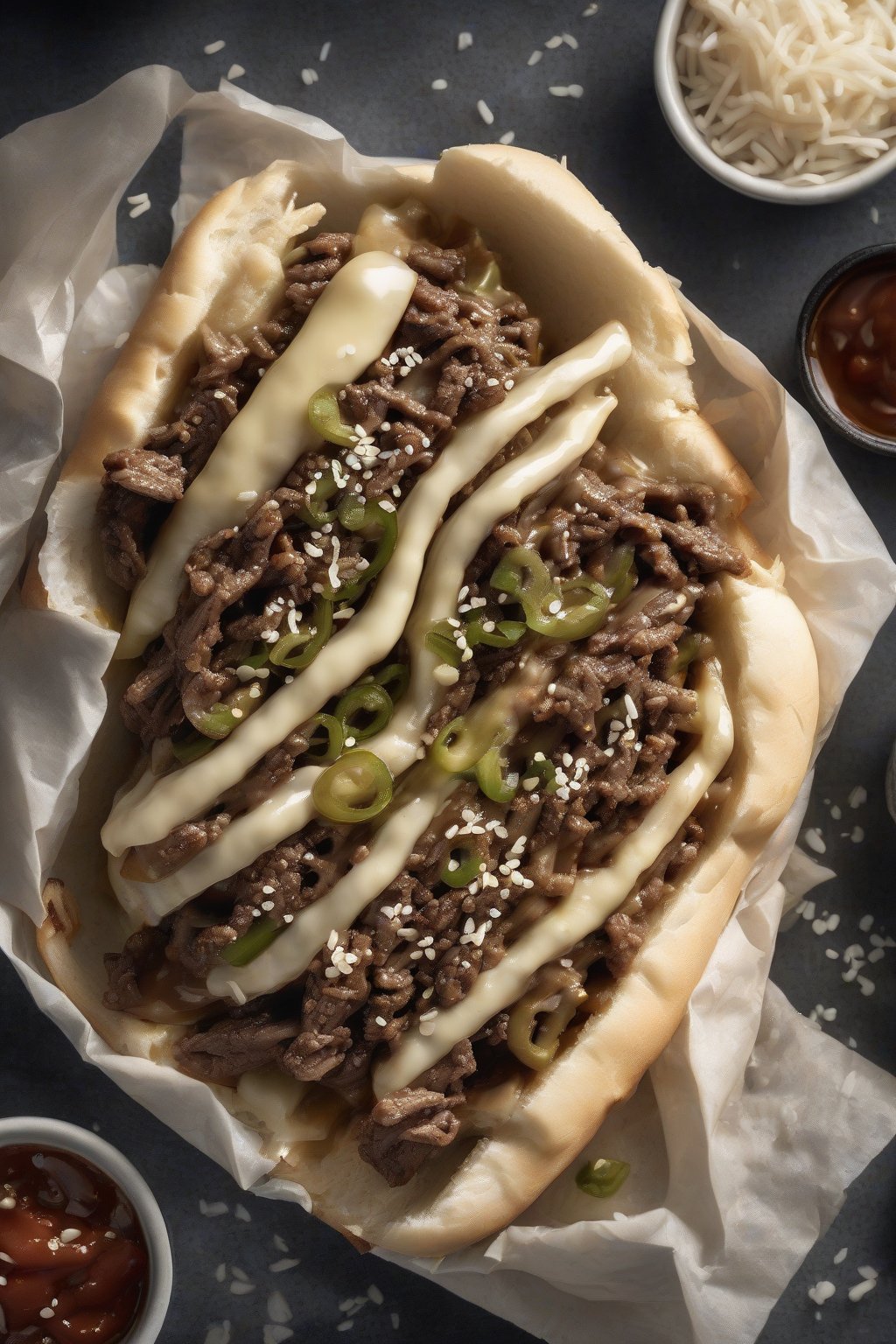 A high-resolution photo of a Korean bulgogi Philly cheesesteak with sesame seeds and cheese under soft lighting.