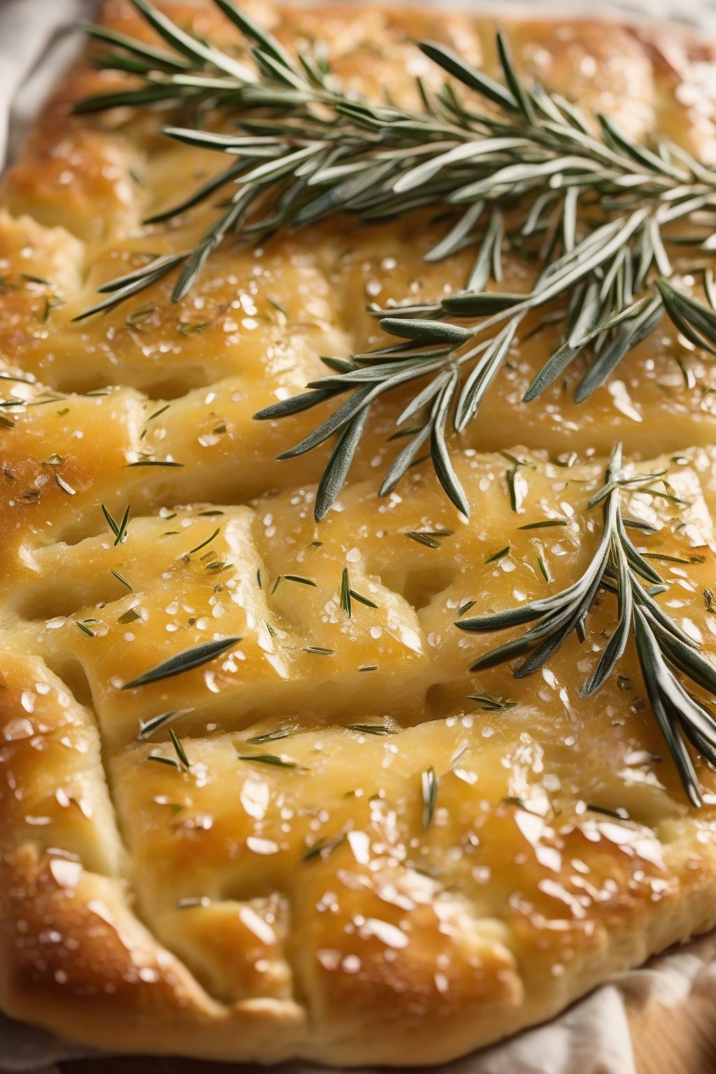 A close-up photo of golden focaccia topped with rosemary sprigs and sea salt crystals, dimpled surface glistening with olive oil, under soft lighting.