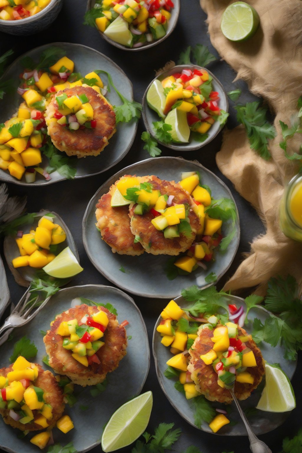 A high-resolution photo of tropical golden crab cakes topped with mango salsa, bright and juicy under soft lighting.