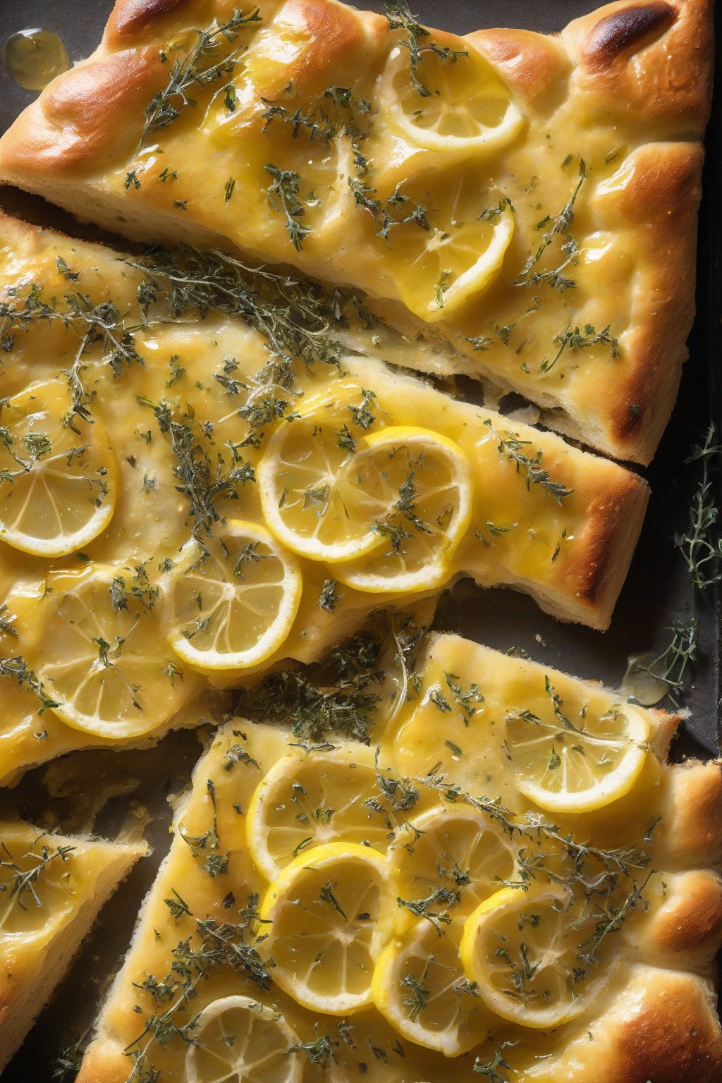 A close-up photo of lemon-zested focaccia scattered with thyme leaves, bubbly crust shining with oil, under soft lighting.