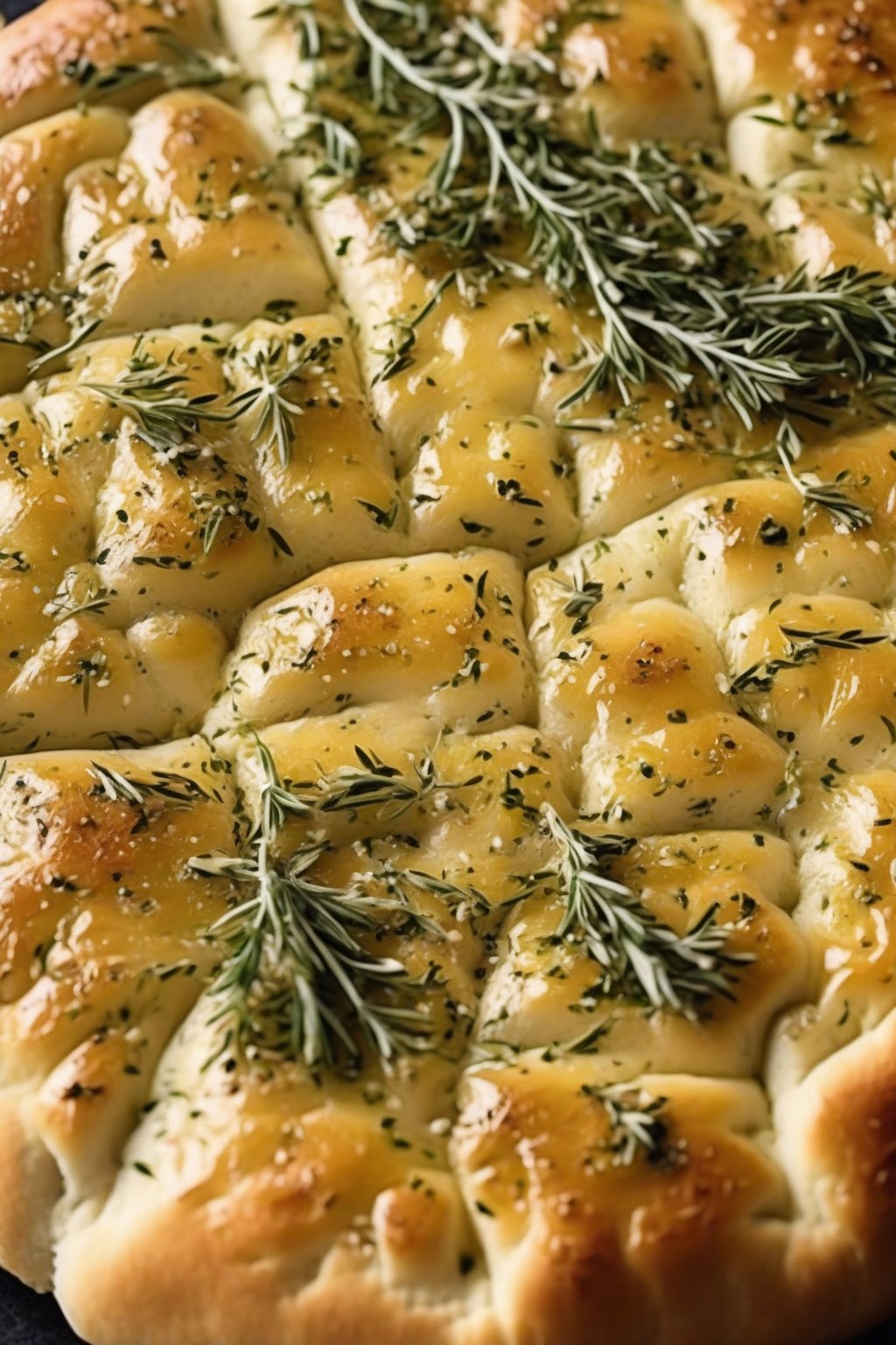 A close-up photo of garlic-flecked focaccia with oregano sprigs, golden bubbles and olive oil sheen, under soft lighting.