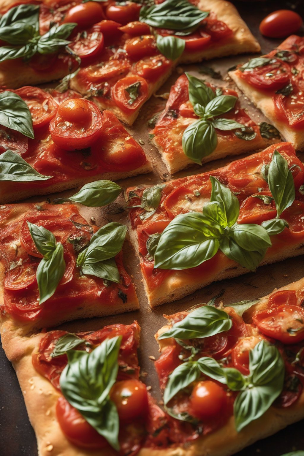 A close-up photo of tomato-studded focaccia topped with torn basil, juicy reds against golden dough, under soft lighting.