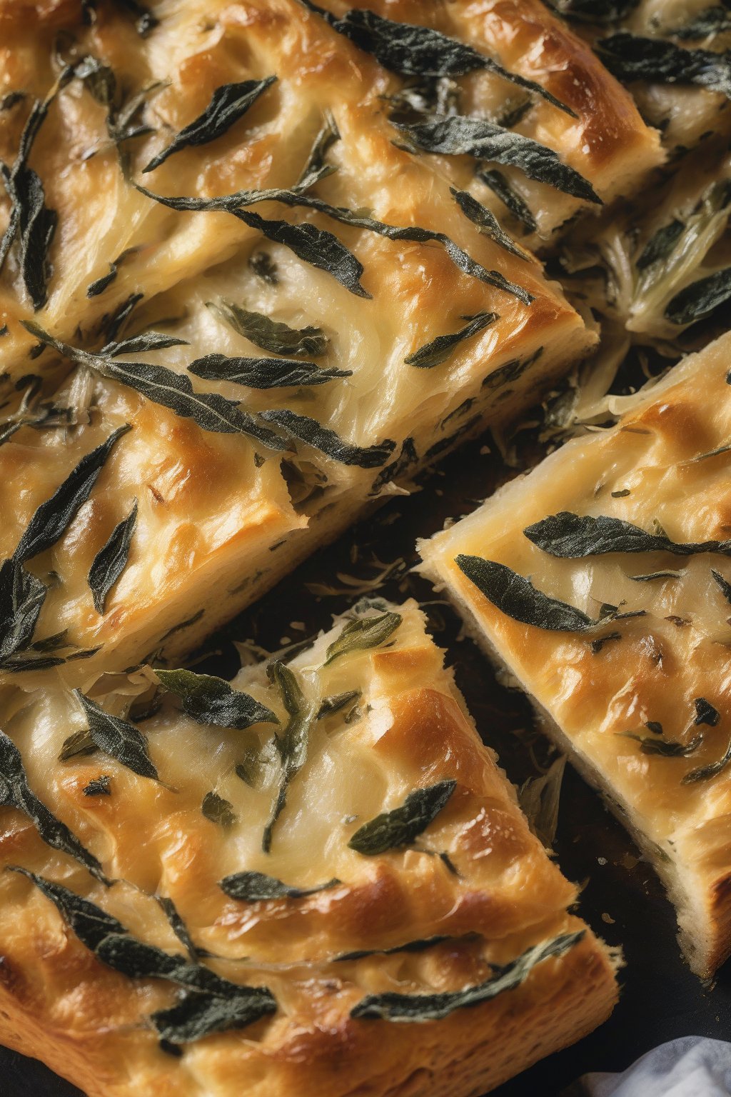 A close-up photo of onion-layered focaccia with crispy sage leaves, caramelized edges glowing, under soft lighting.